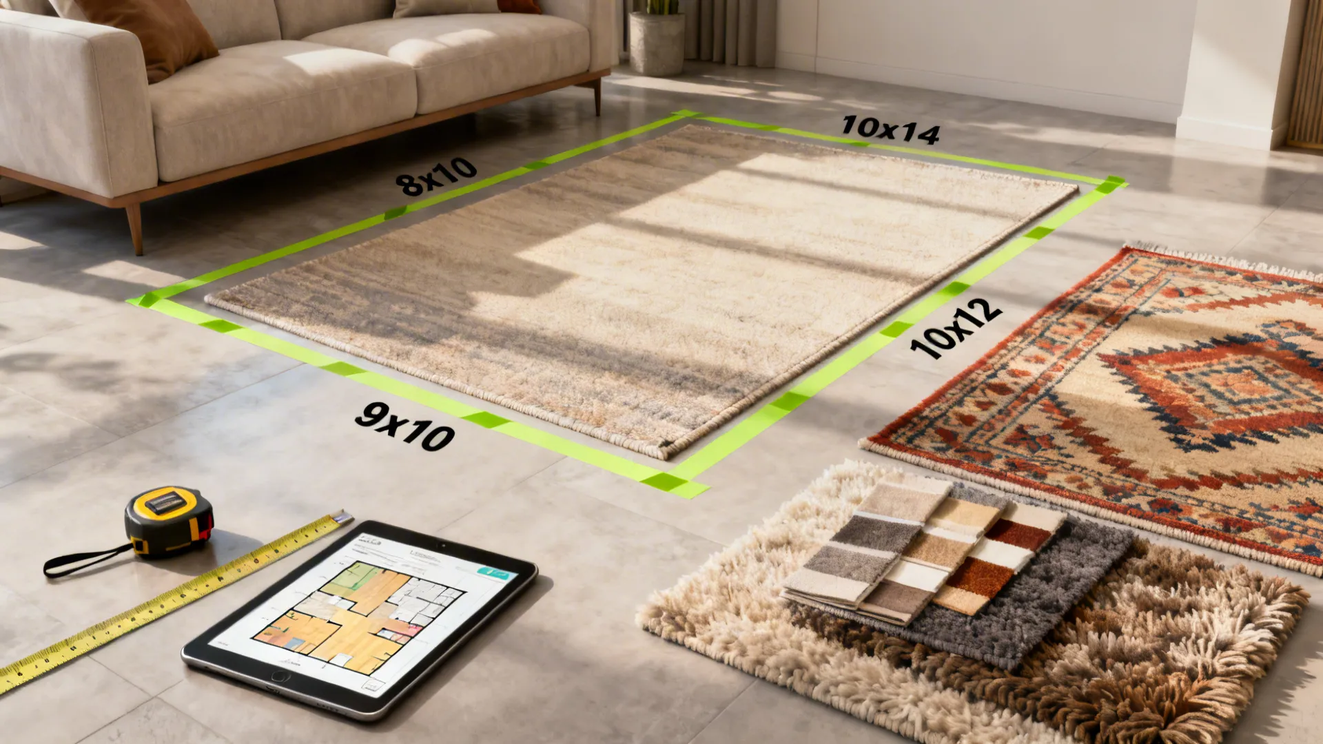 Floor taped outlines and a tablet with a 3D mockup showing rug size planning