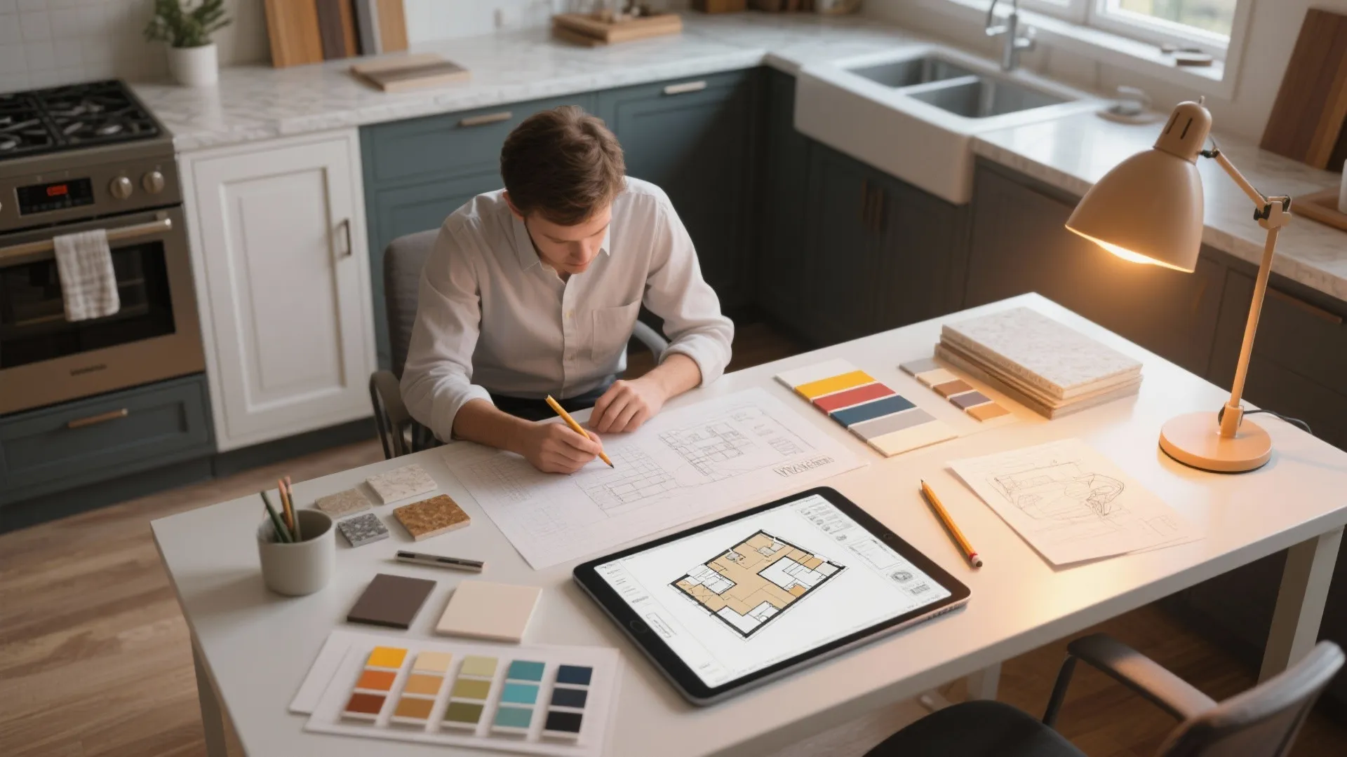 Man drawing house floor plans at desk with tablet color samples and a warm desk lamp