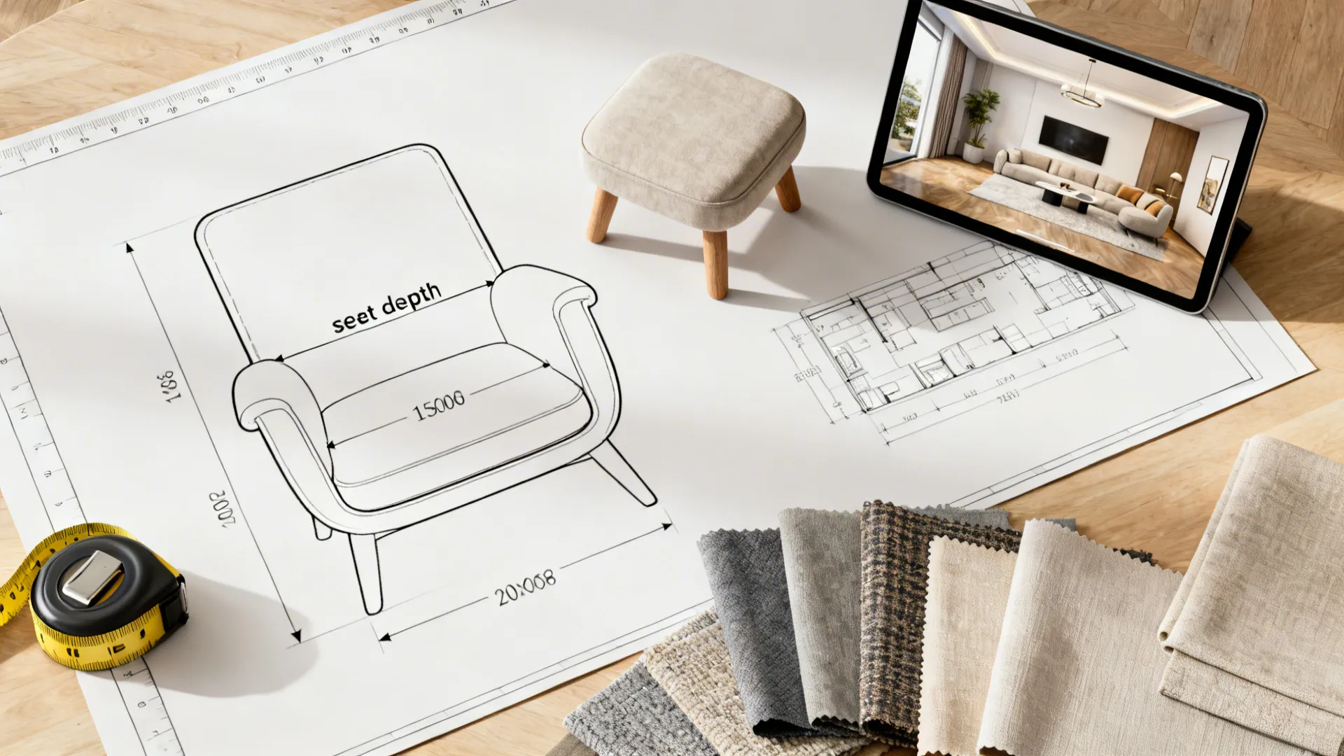 Top-down view of seating plan with measurements, tablet showing 3D planner, tape measure and fabric swatches