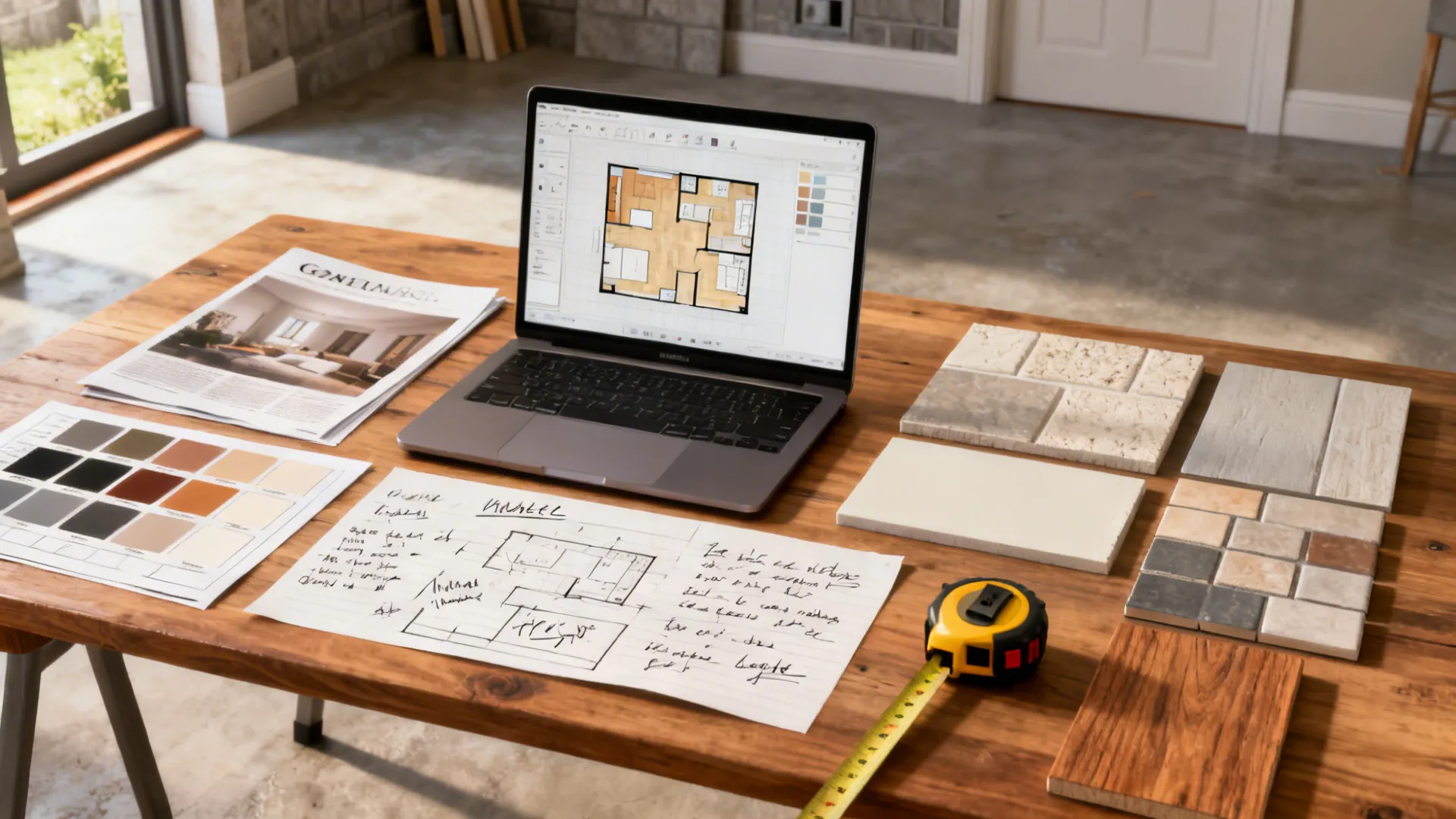 Designer planning a basement wall renovation with a digital room planner and material samples.