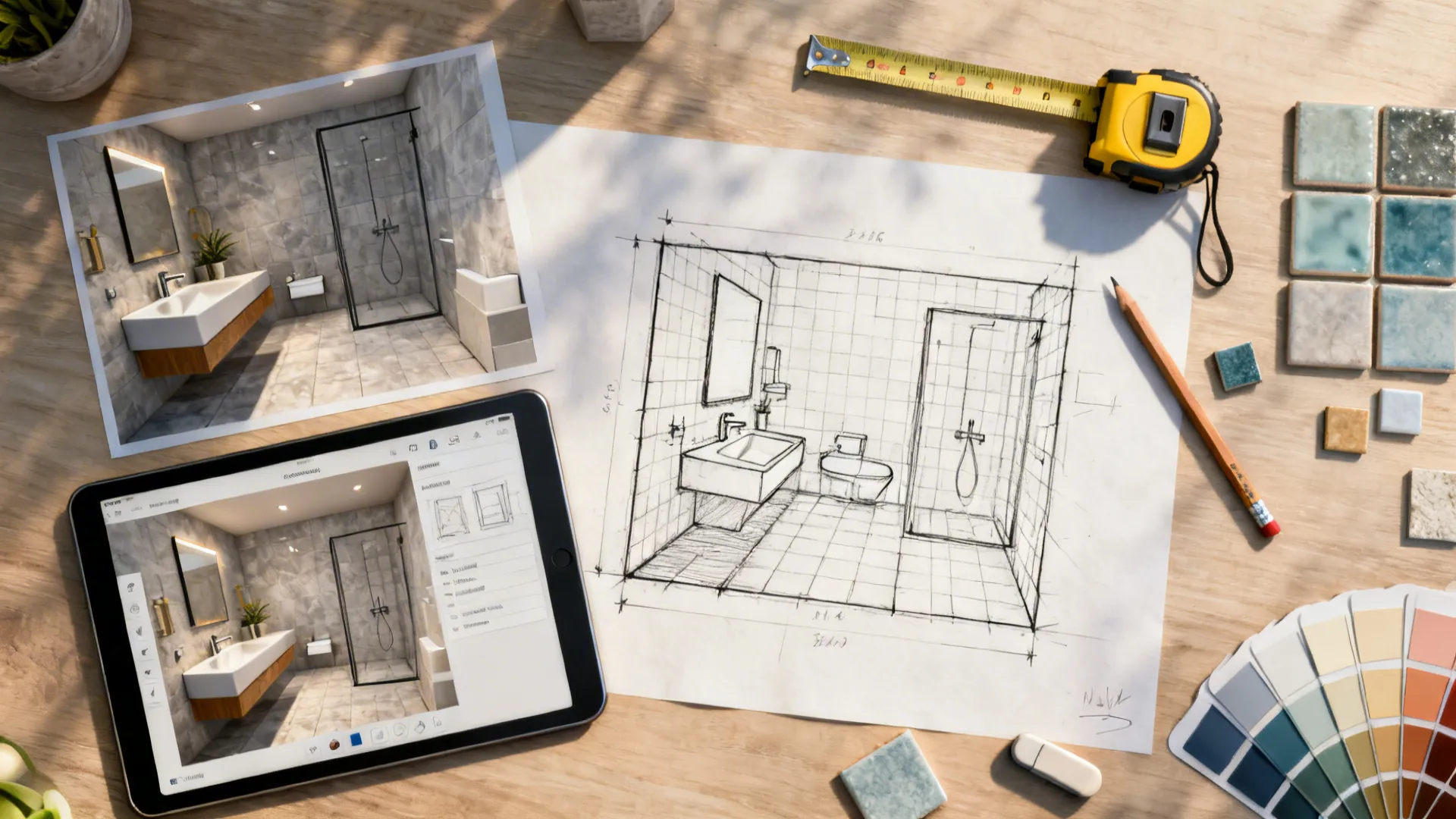Top-down view of a bathroom floor plan sketch next to a tablet 3D planner and material samples.