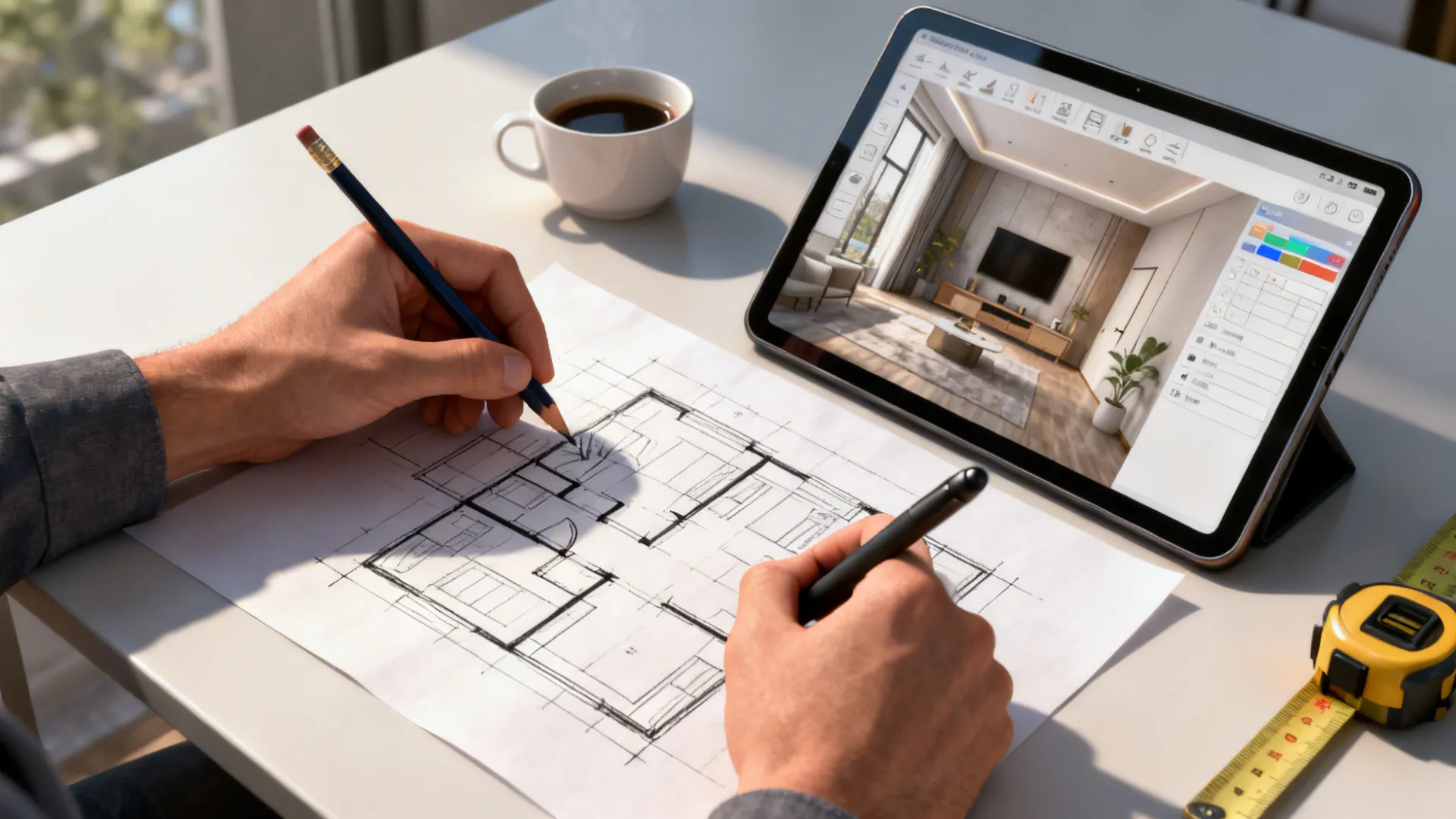 Designer sketching a floor plan next to a tablet showing a digital room planner.