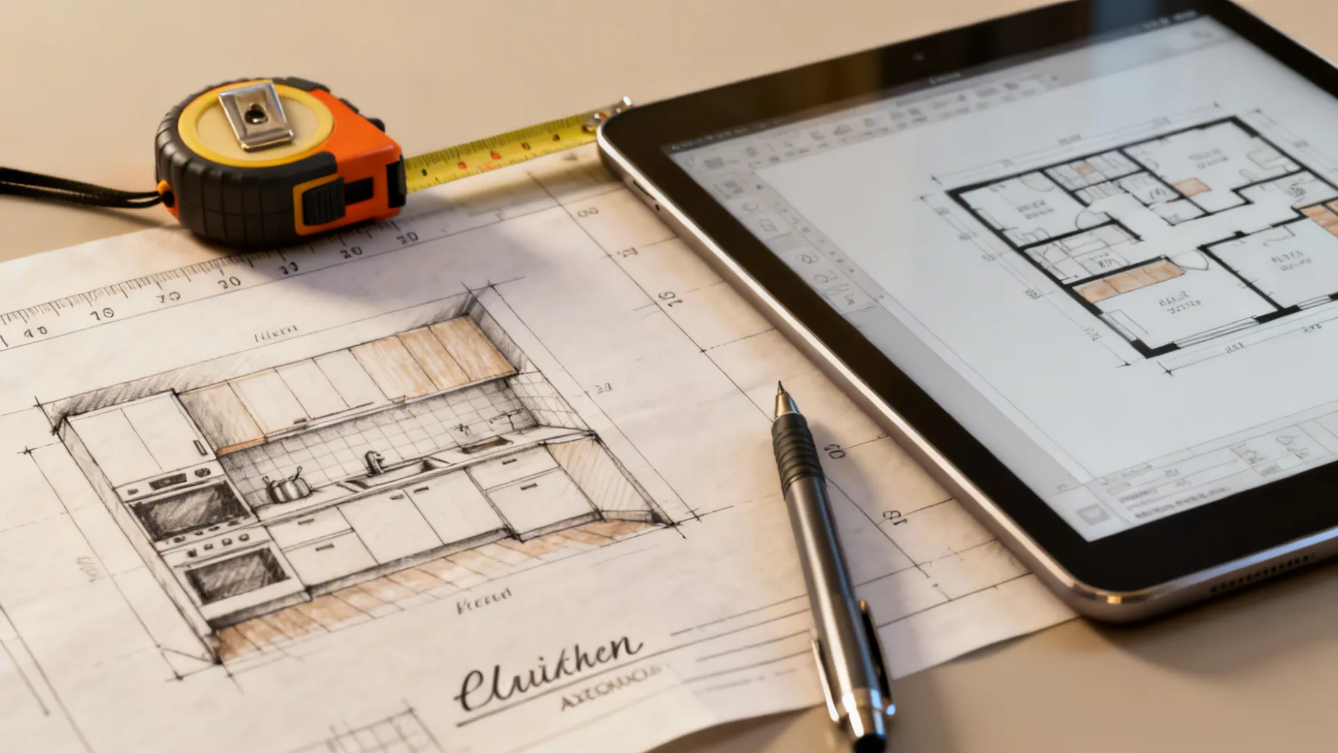 Hand drawn kitchen interior design drawing with tape measure pen and tablet showing floor plan