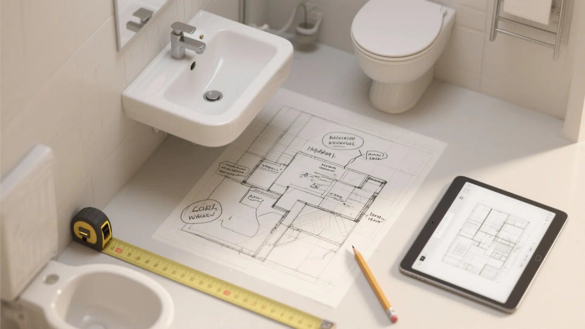 Bathroom interior design drawing with sink toilet measuring tape tablet and pencil on the white counter