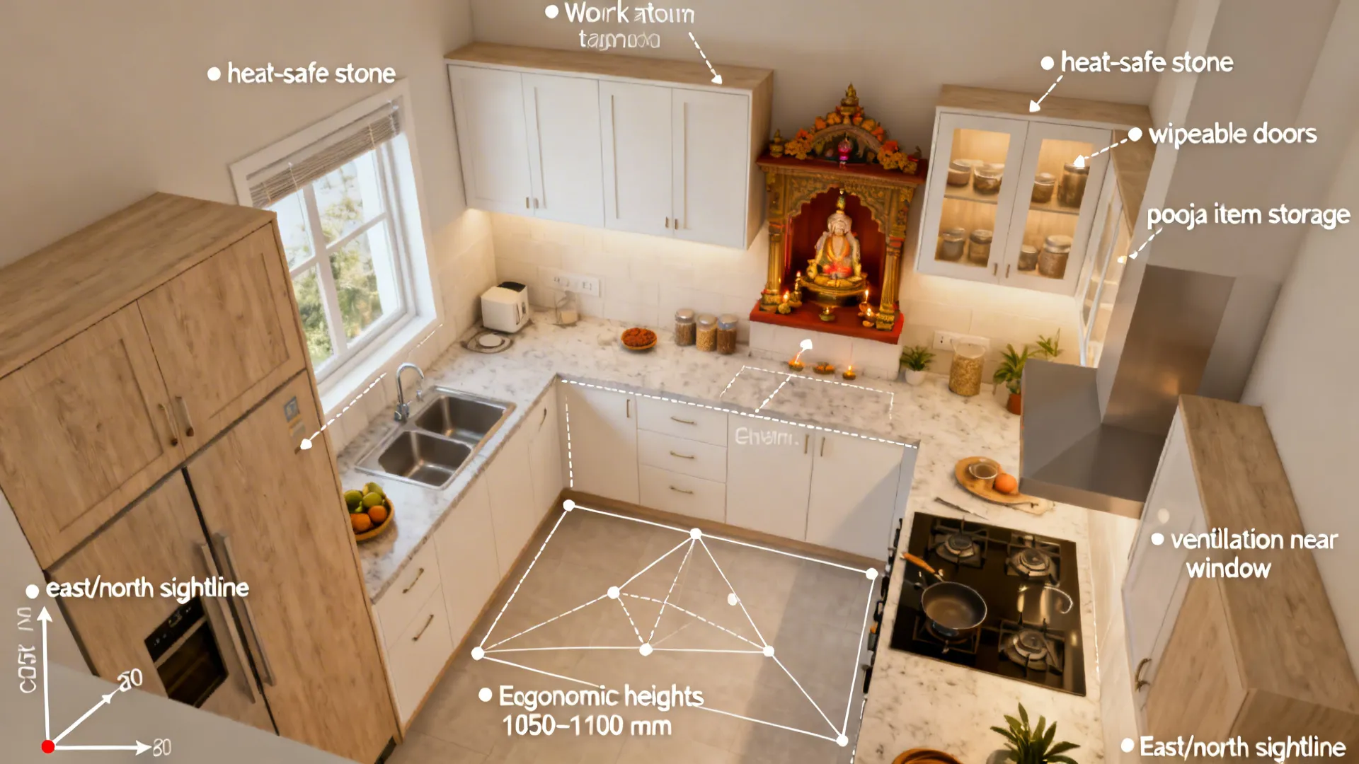 Kitchen layout showing stone countertops wooden cabinets and a small prayer altar integrated into the wall