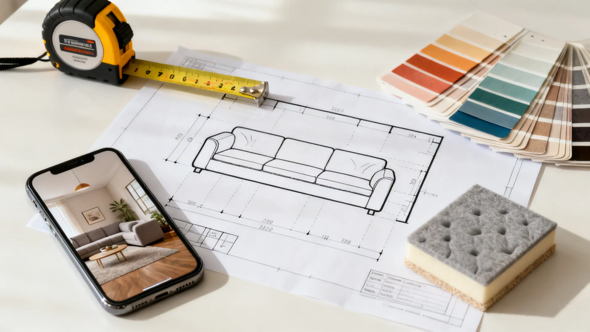 Tape measure, floor plan, smartphone photo and swatches used for planning small living rooms.