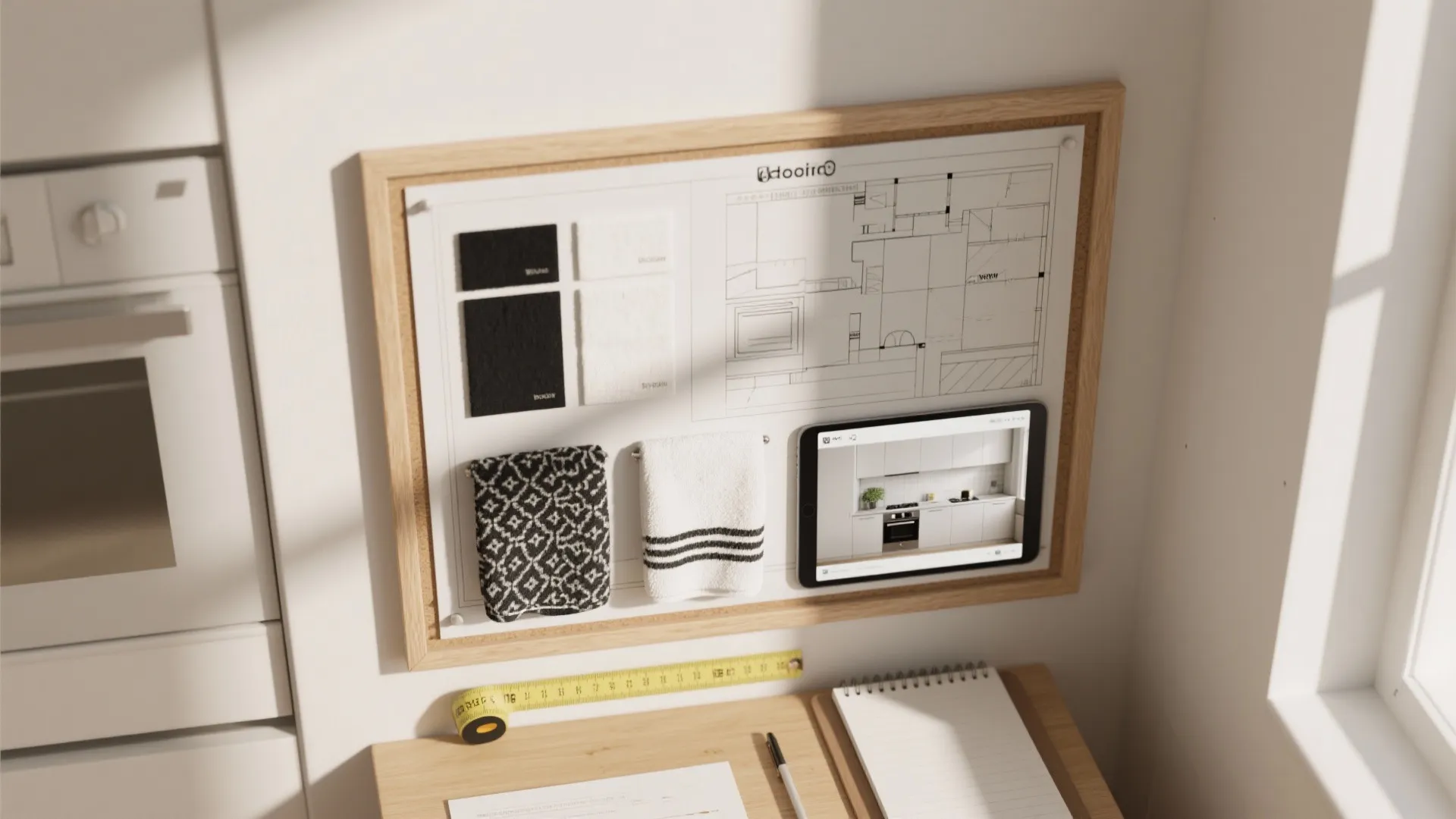 Interior design mood board with floor plan sketches fabric samples tablet and wooden desk items