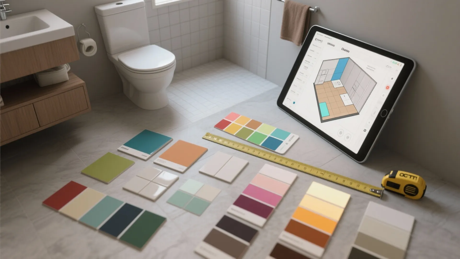Bathroom renovation planning with color swatches and a tablet showing a 3D room design layout
