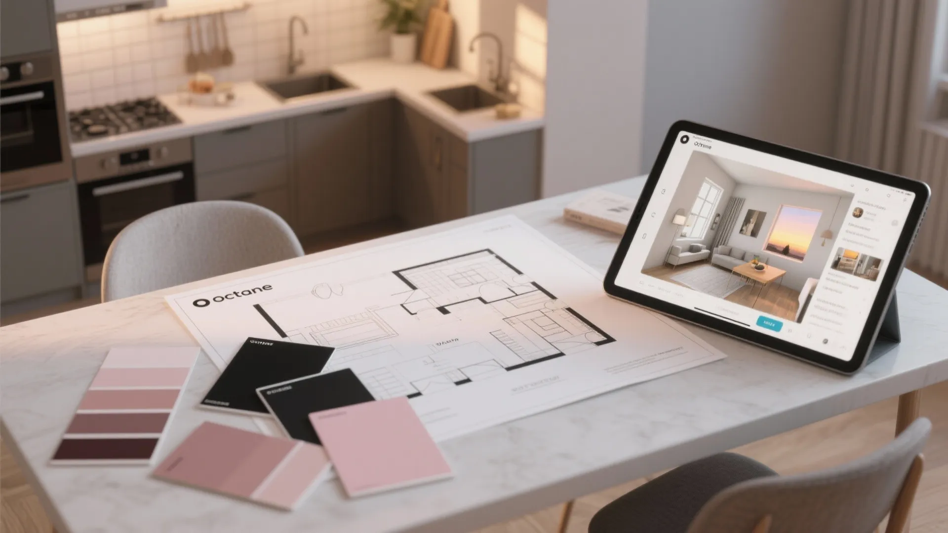 Kitchen counter with house floor plan drawing color swatches and a tablet showing interior design
