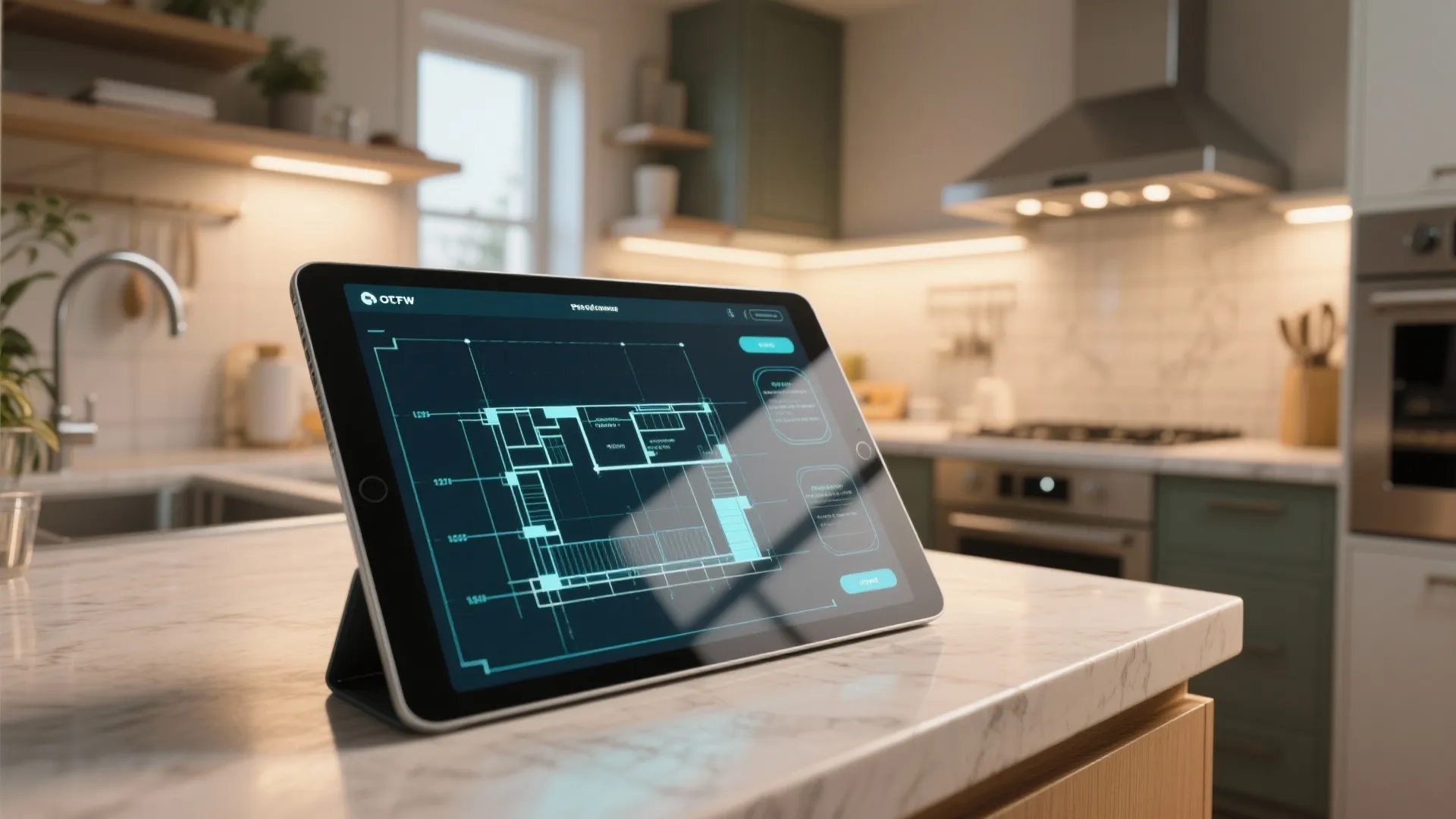 Tablet computer on marble kitchen counter showing a detailed blue digital room layout design plan