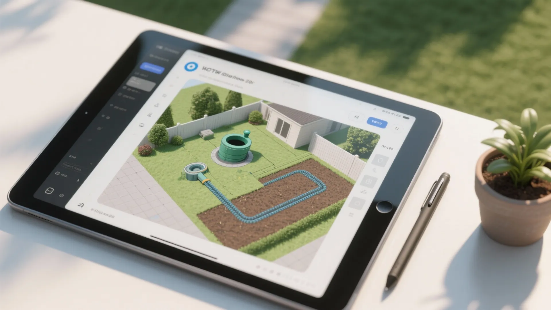 Tablet showing outdoor garden design with green grass water system small white house and stylus