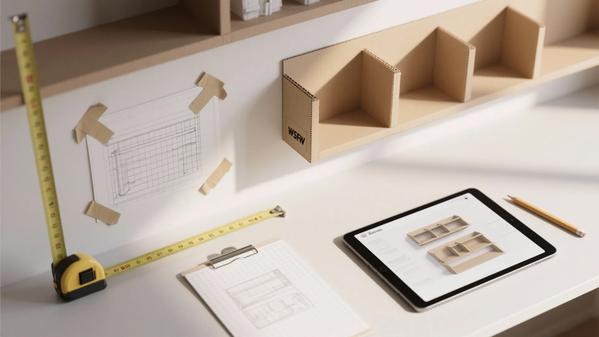 Interior design planning workspace with tablet showing 3D model tape measure paper sketches and pencil