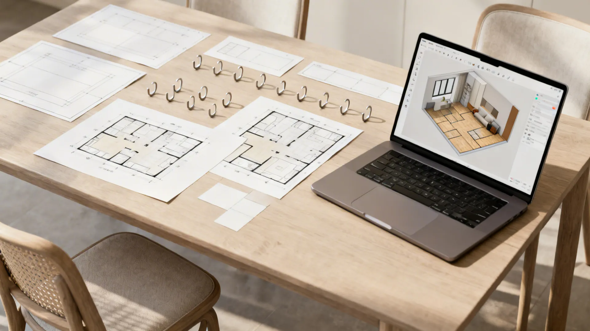 Top-down view of paper templates, removable hooks and a laptop with a 3D planner on a dining table.