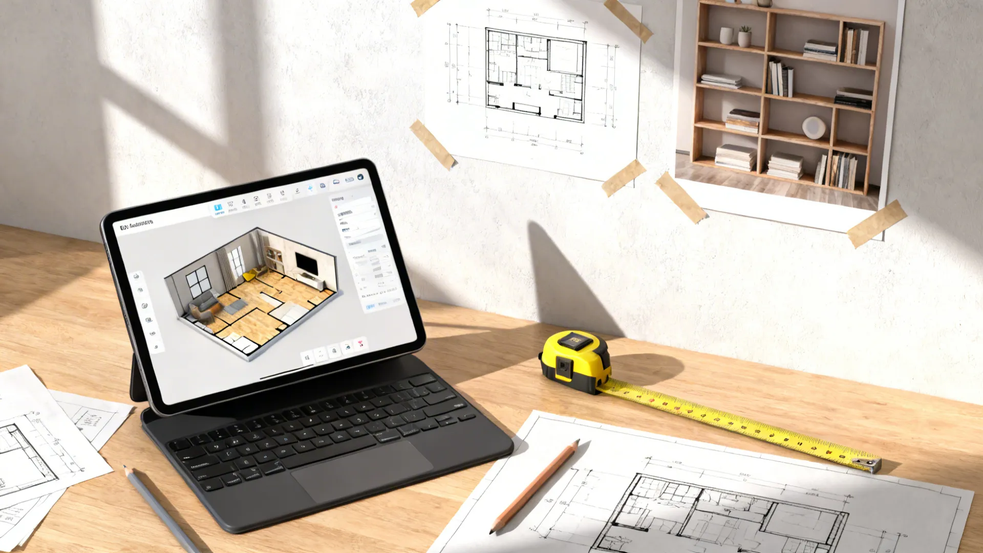 Top-down view of planning tools: 3D floor planner on a tablet, paper templates, and measuring tape.