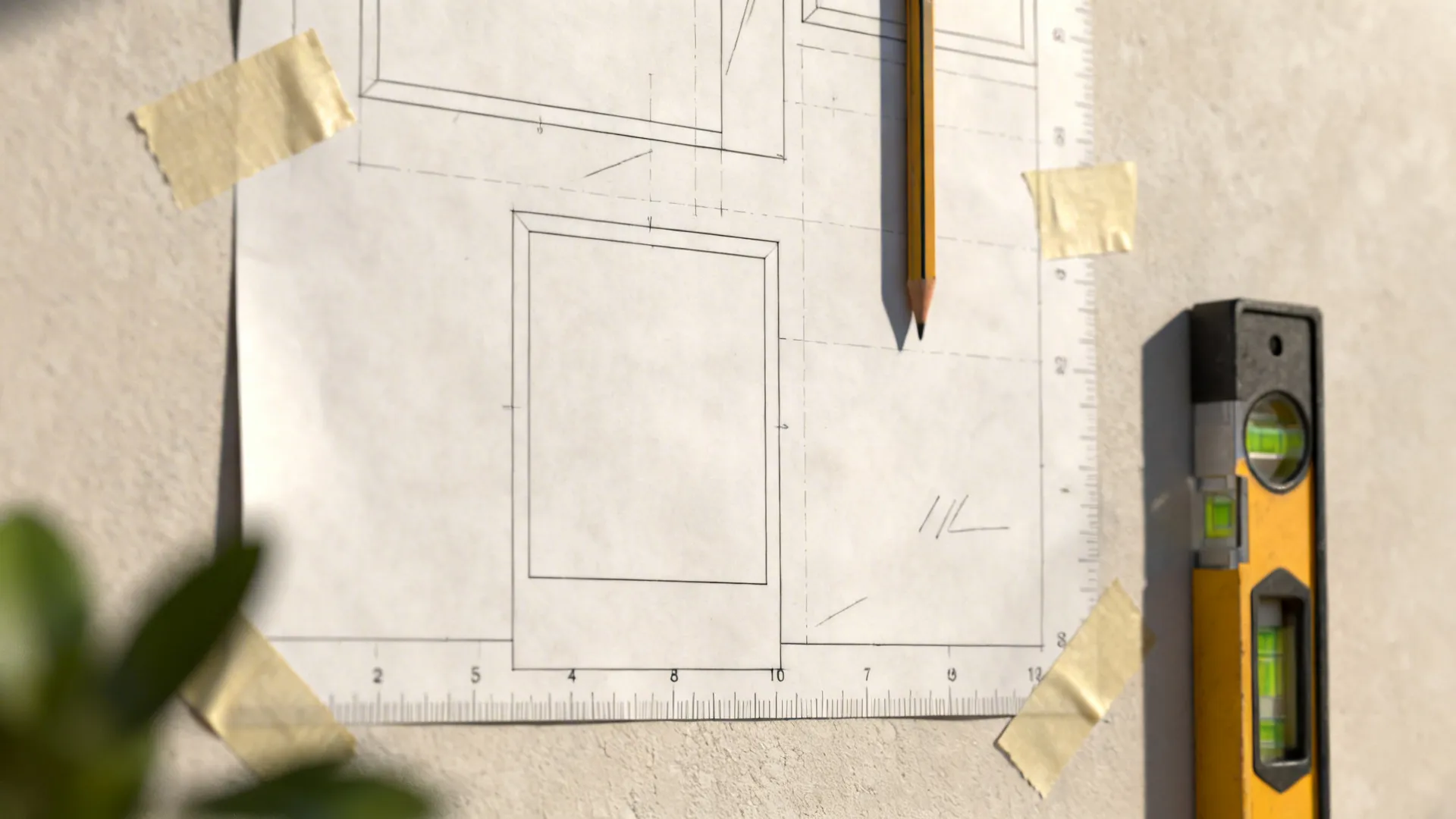 Paper templates taped to a wall with measuring marks for planning photo layouts.