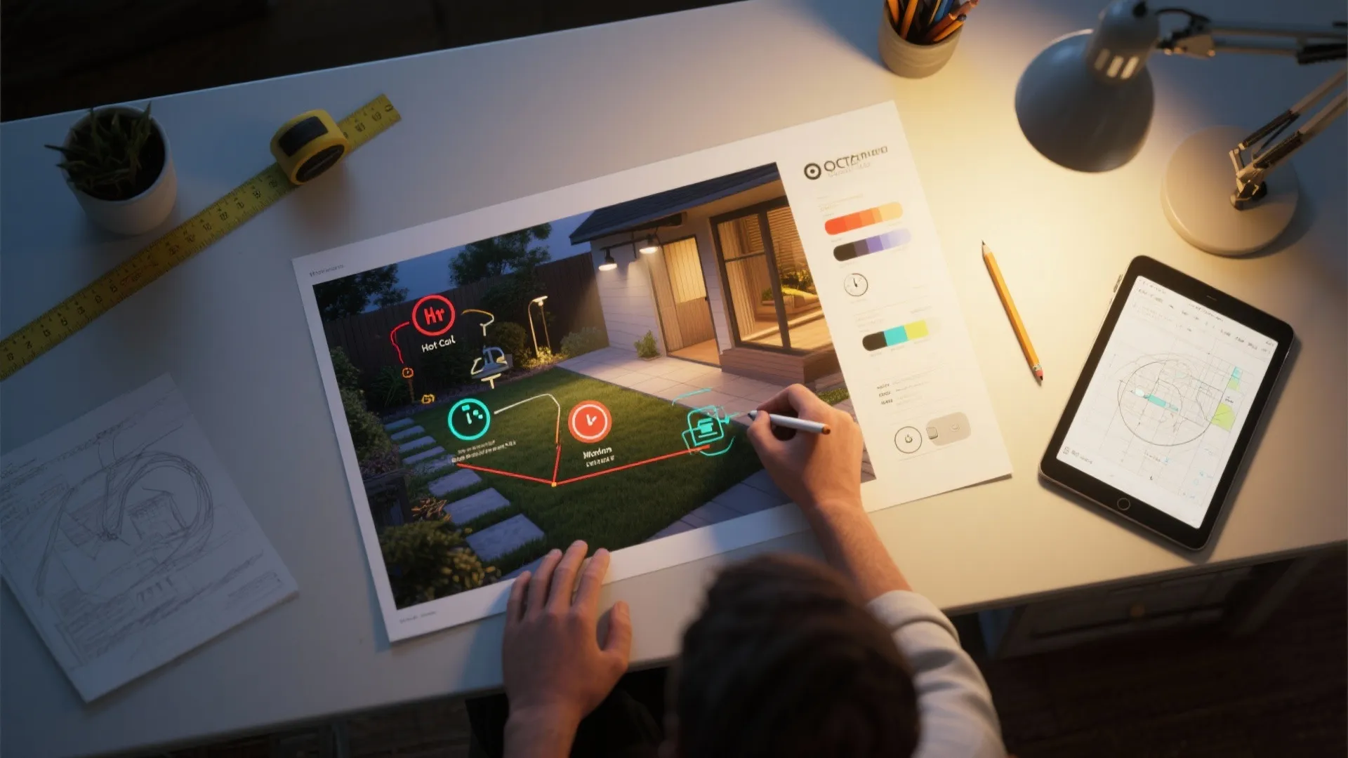 Interior design drawing on a desk showing a backyard lighting plan with a digital tablet