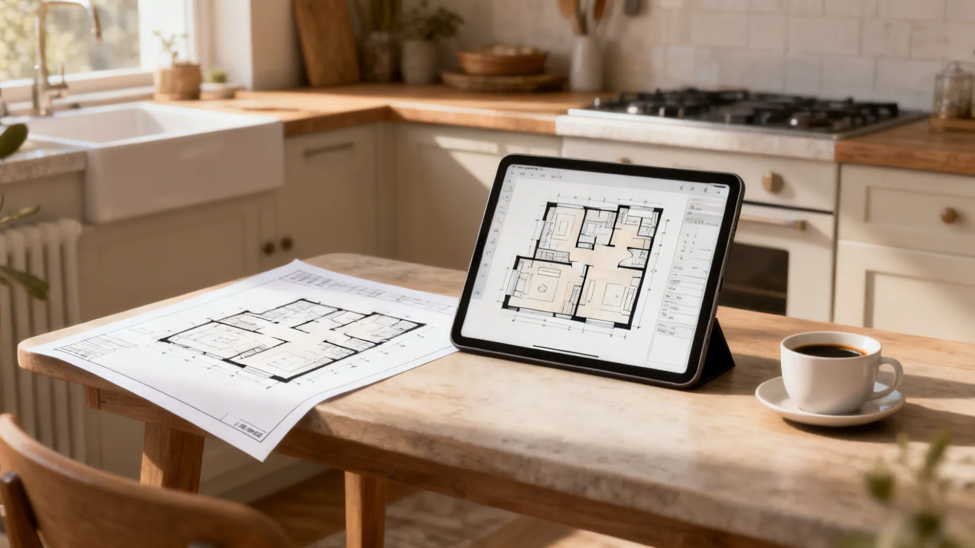 Designer comparing two kitchen layout plans on tablet and paper in a bright compact kitchen corner.