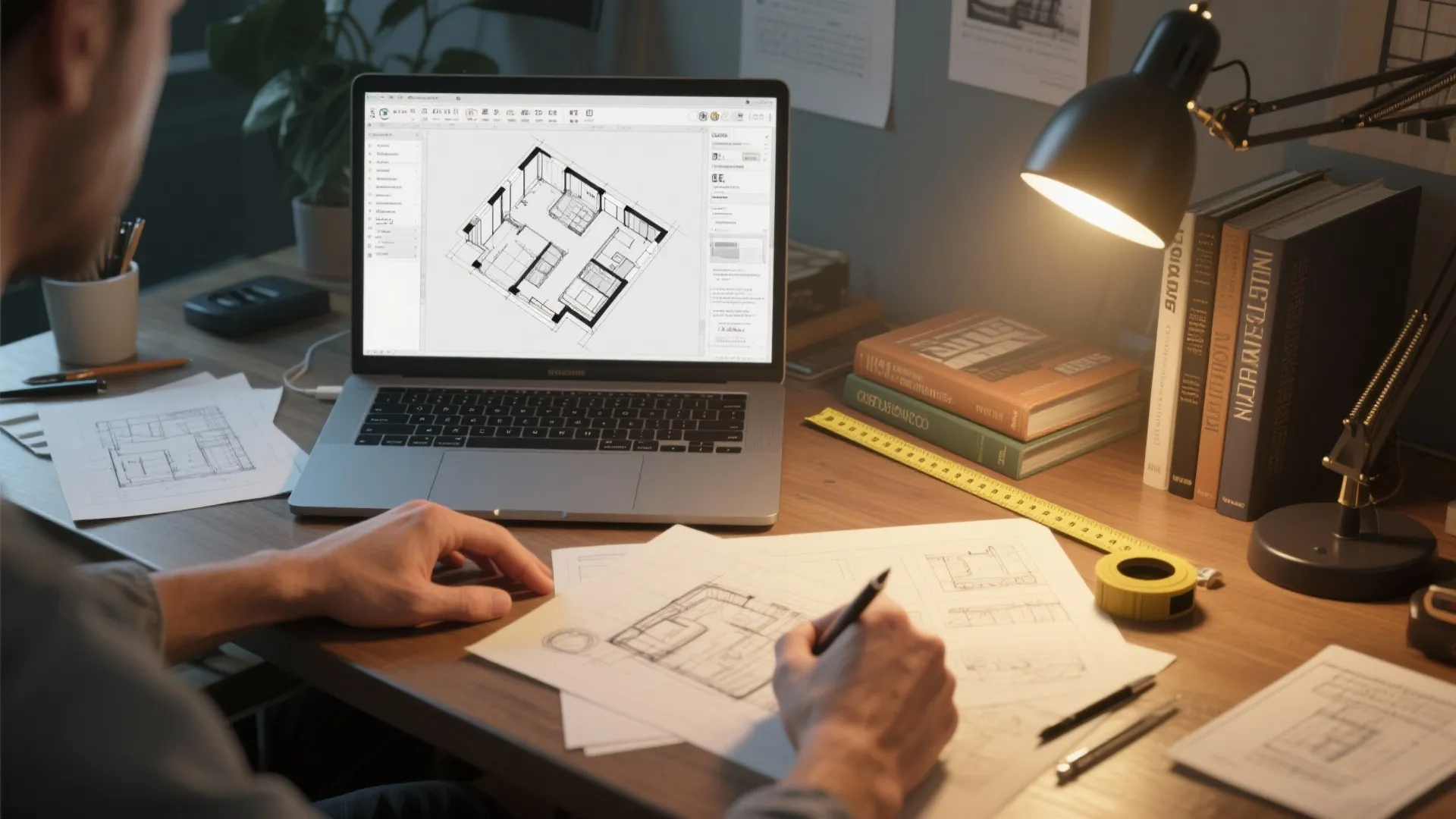 Interior designer drawing floor plans on paper with a laptop showing a 3D room layout