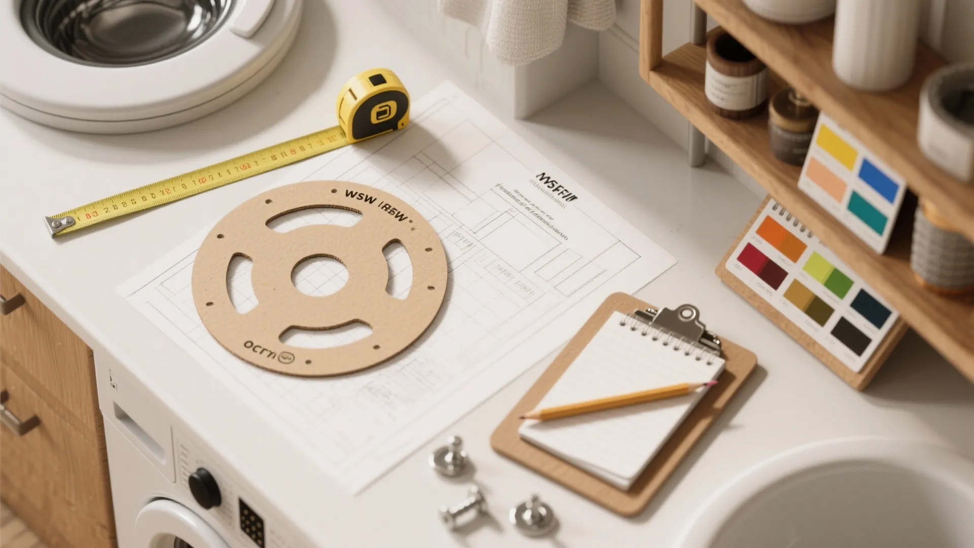 Interior design drawing on white counter with tape measure notepad pencil and colorful paint swatches