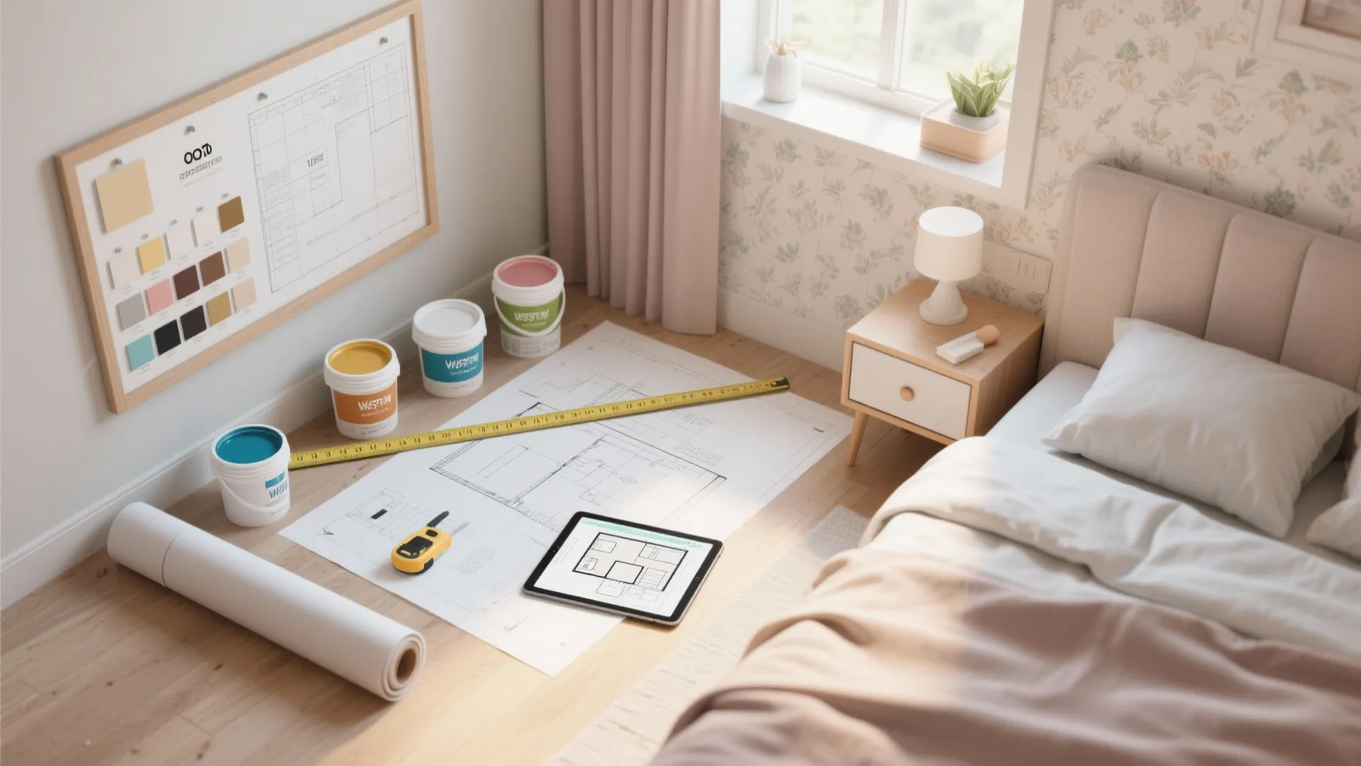 Bedroom floor with paint cans interior design drawing tablet measuring tape and a modern bed