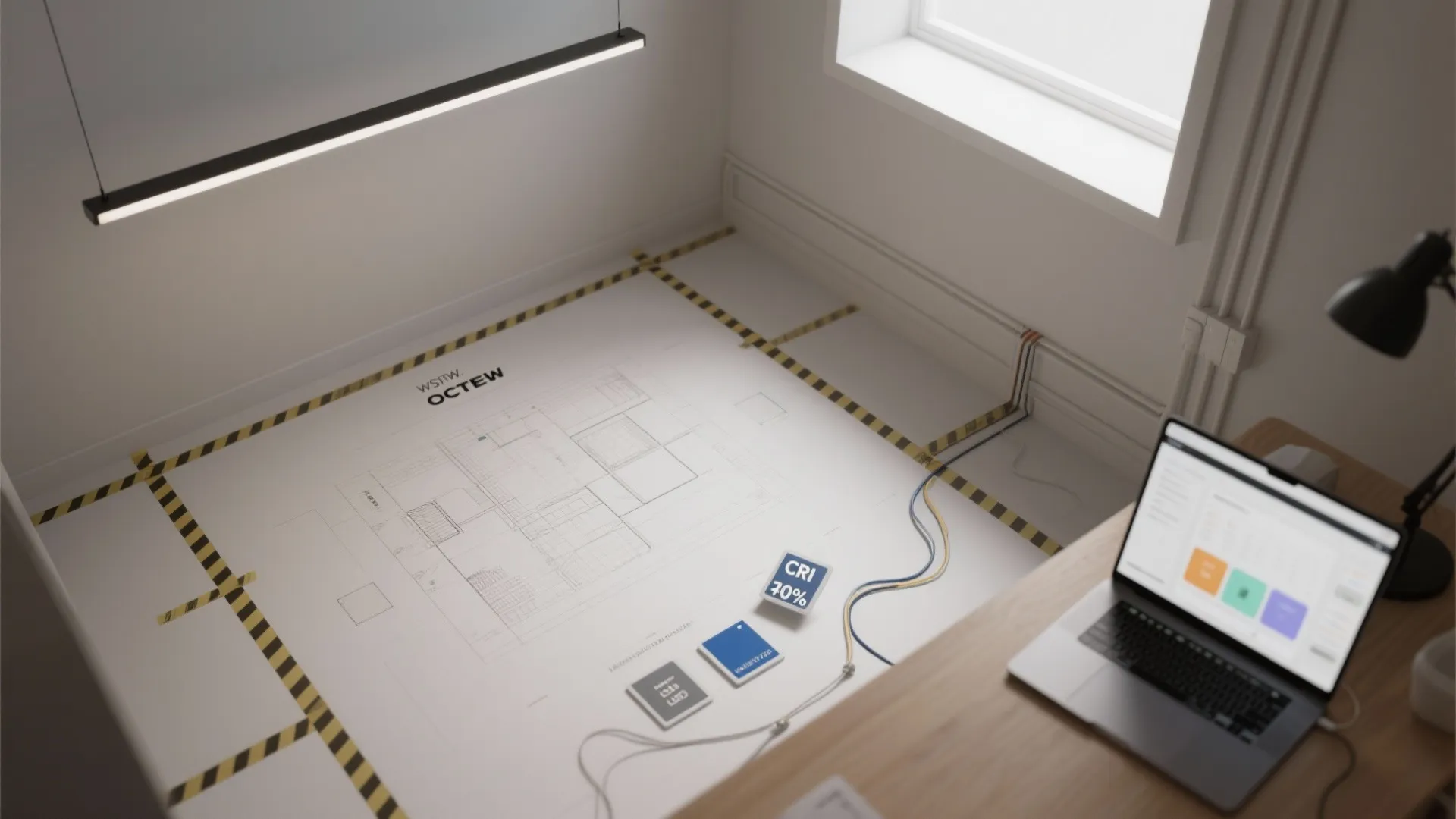 Large floor plan paper on floor with black tape light fixture laptop and color samples