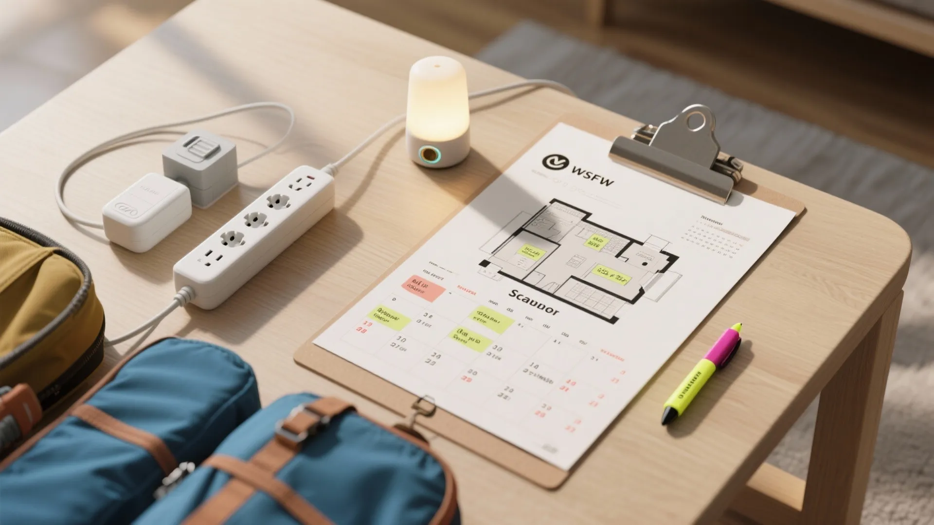Top-down flatlay with packing essentials, floor plan and calendar for booking planning.