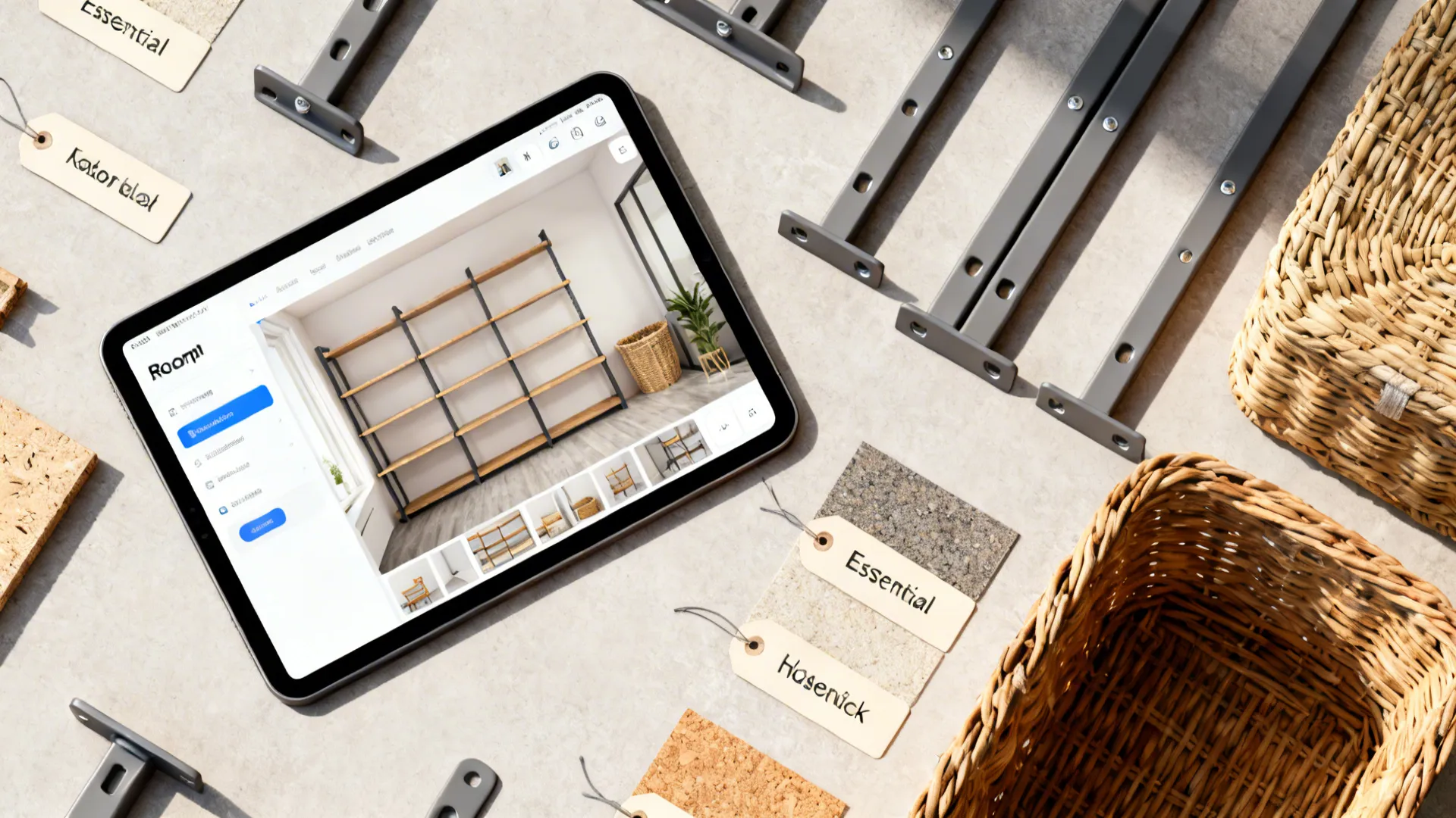 Top-down layout showing adjustable shelves, labeled baskets and a tablet with a room planner mockup for laundry planning.