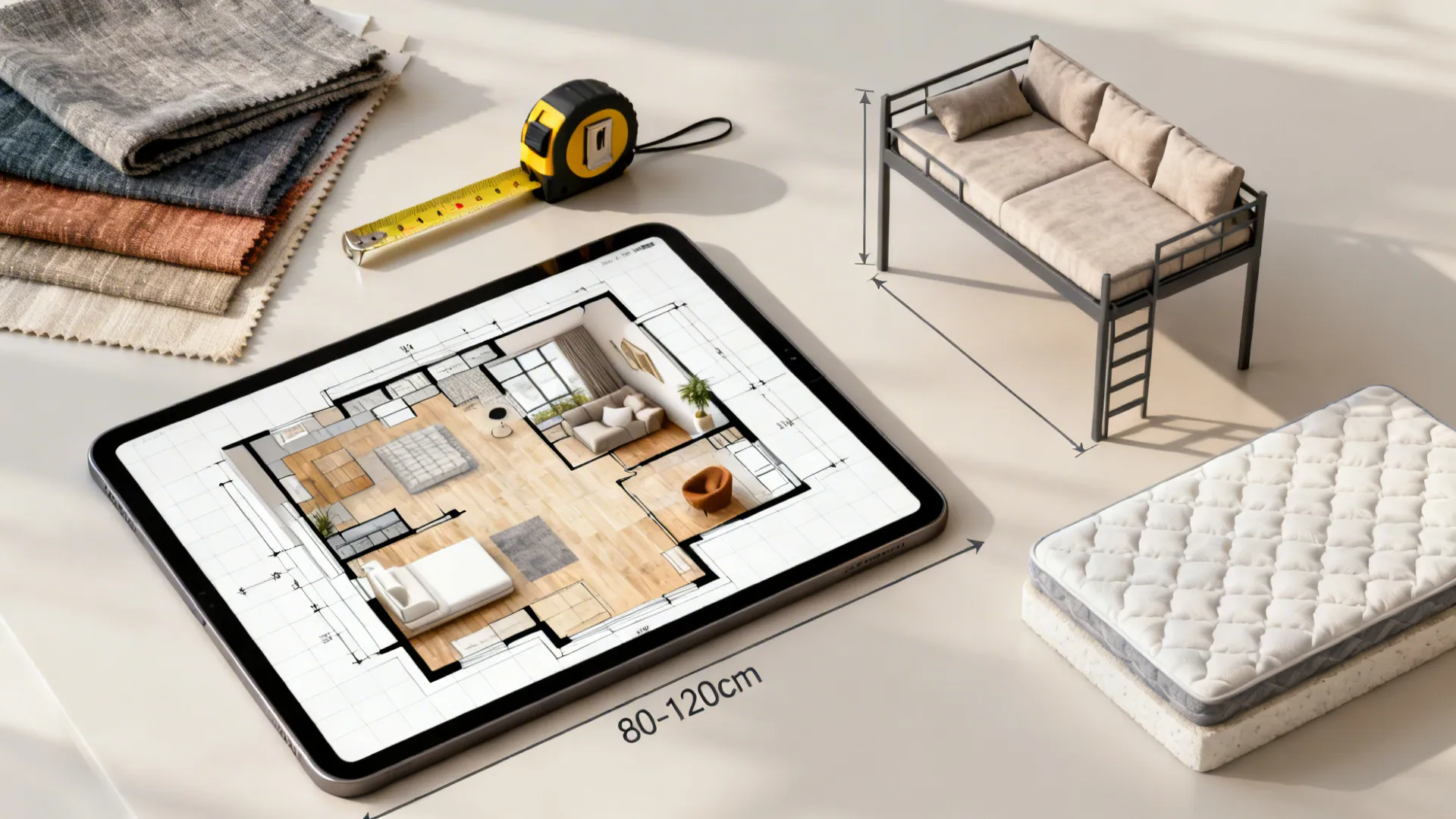 Tablet showing room layout near tape measure fabric samples and small furniture for home design