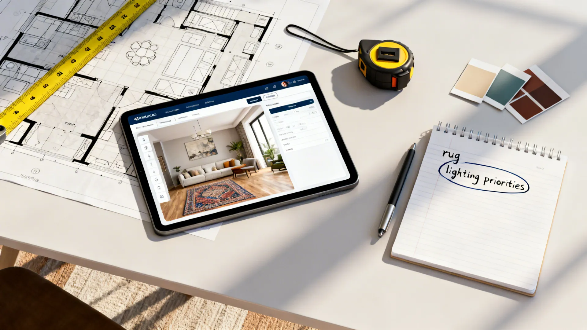 Tablet showing interior design drawing on desk with floor plan tape measure and project notes