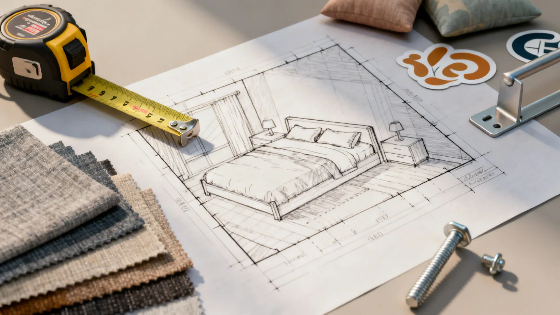 Tape measure, floor plan, fabric samples and hardware for bedroom planning and safety.