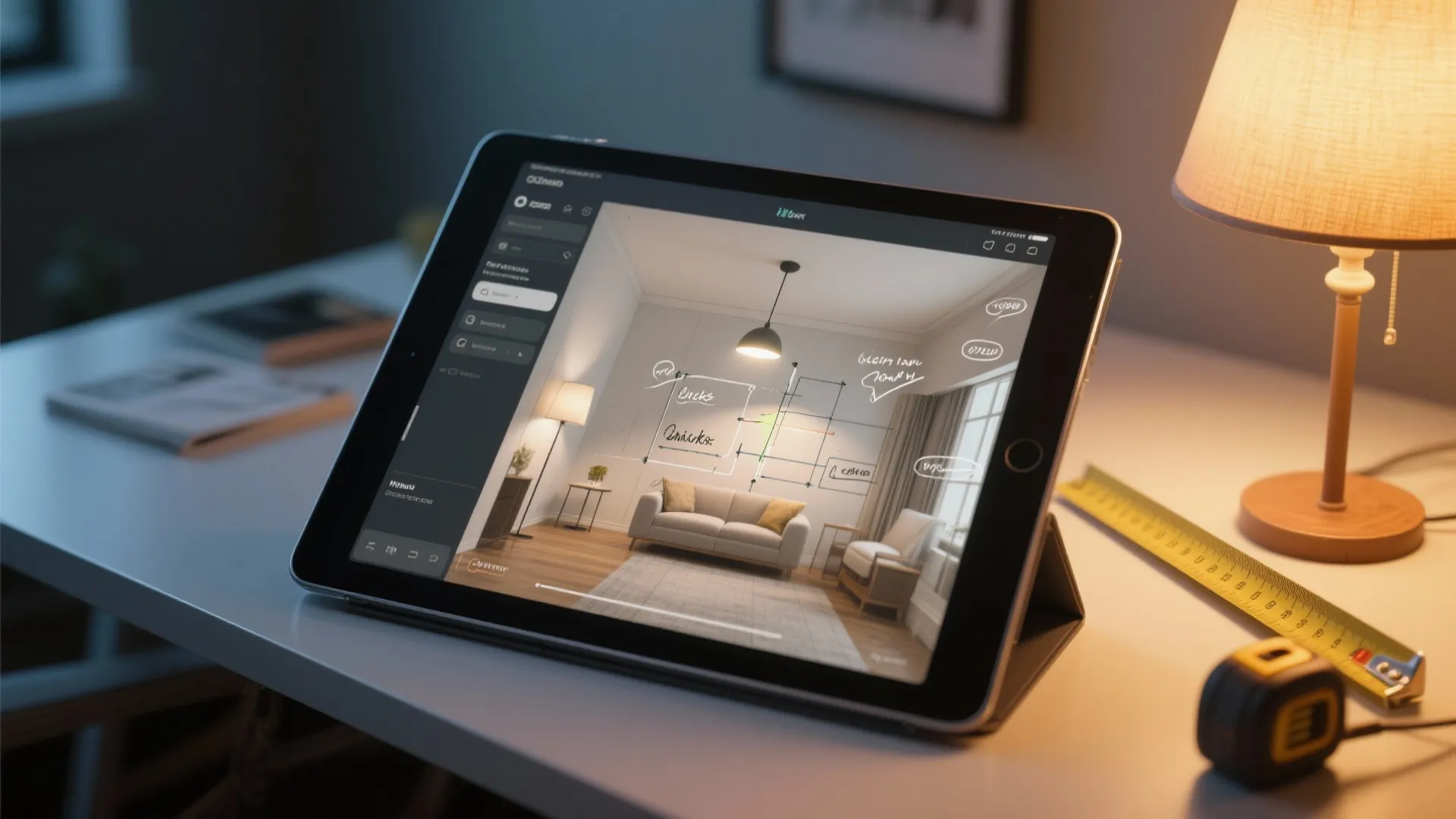 Tablet displaying a living room interior design drawing next to a table lamp and tape