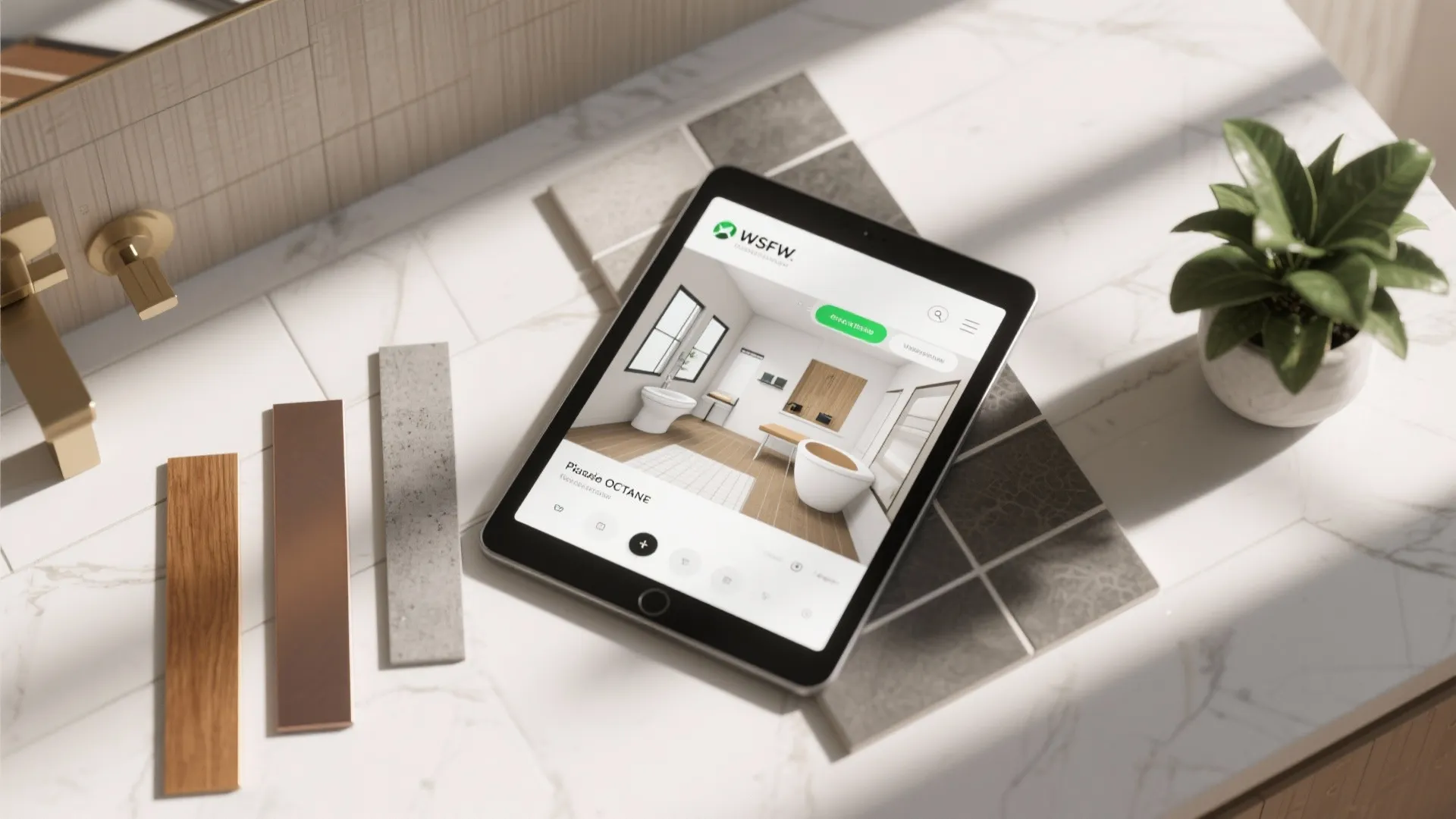 Tablet displaying bathroom interior design drawing next to material samples on marble table with green plant