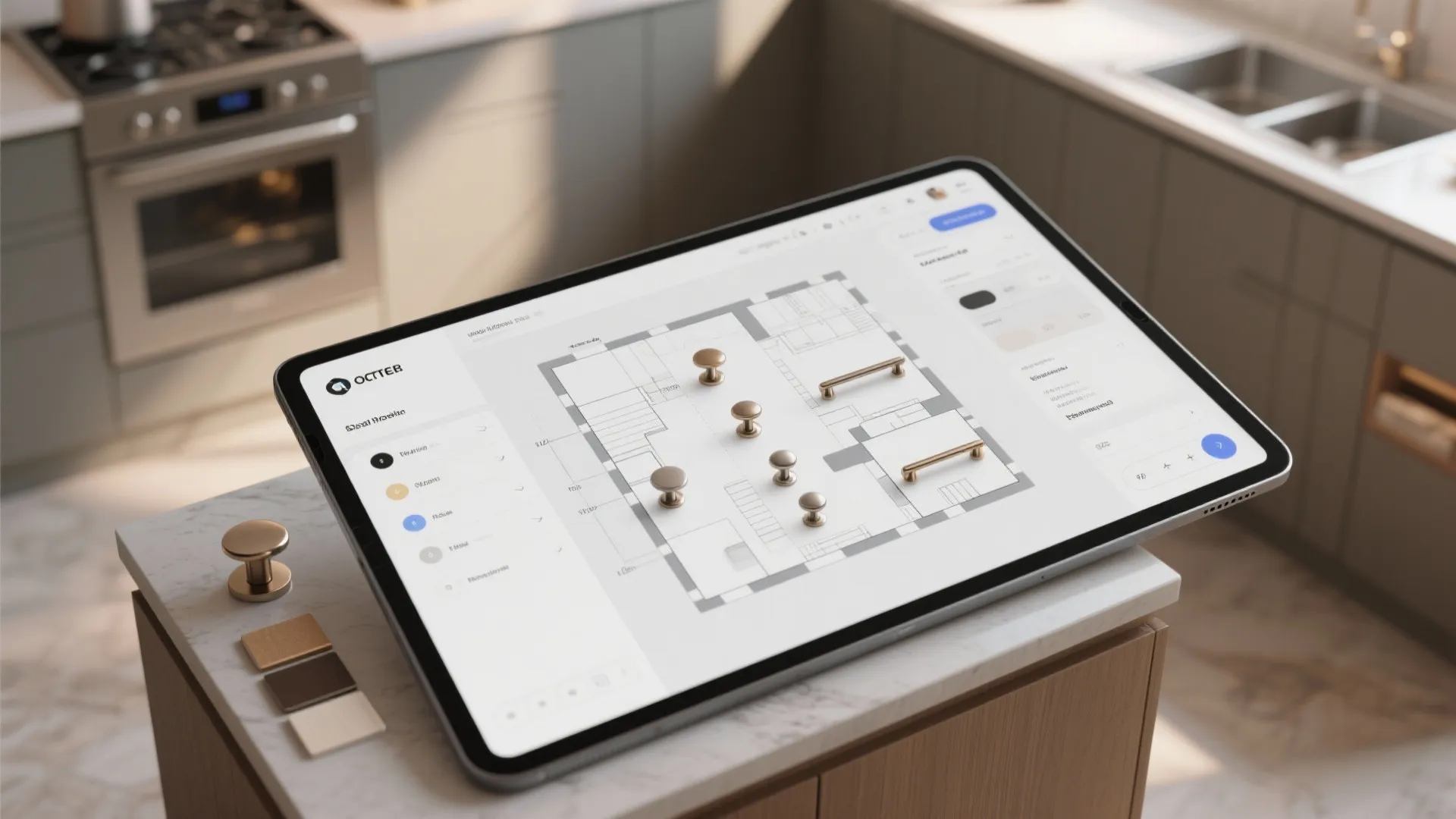 A tablet computer showing a room layout design with various gold door handles and knobs