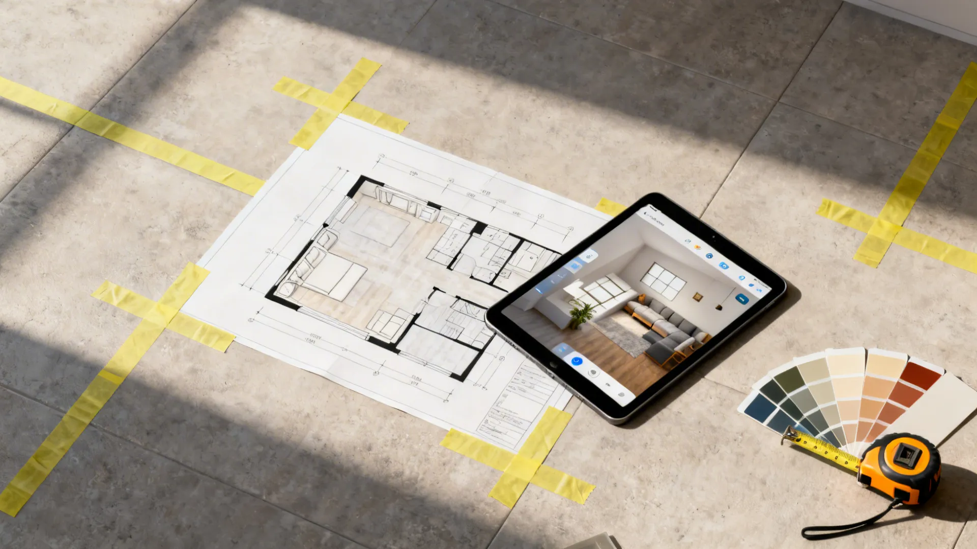 Top-down view of a simple floor plan, measuring tape and a tablet with a 3D room planning app.
