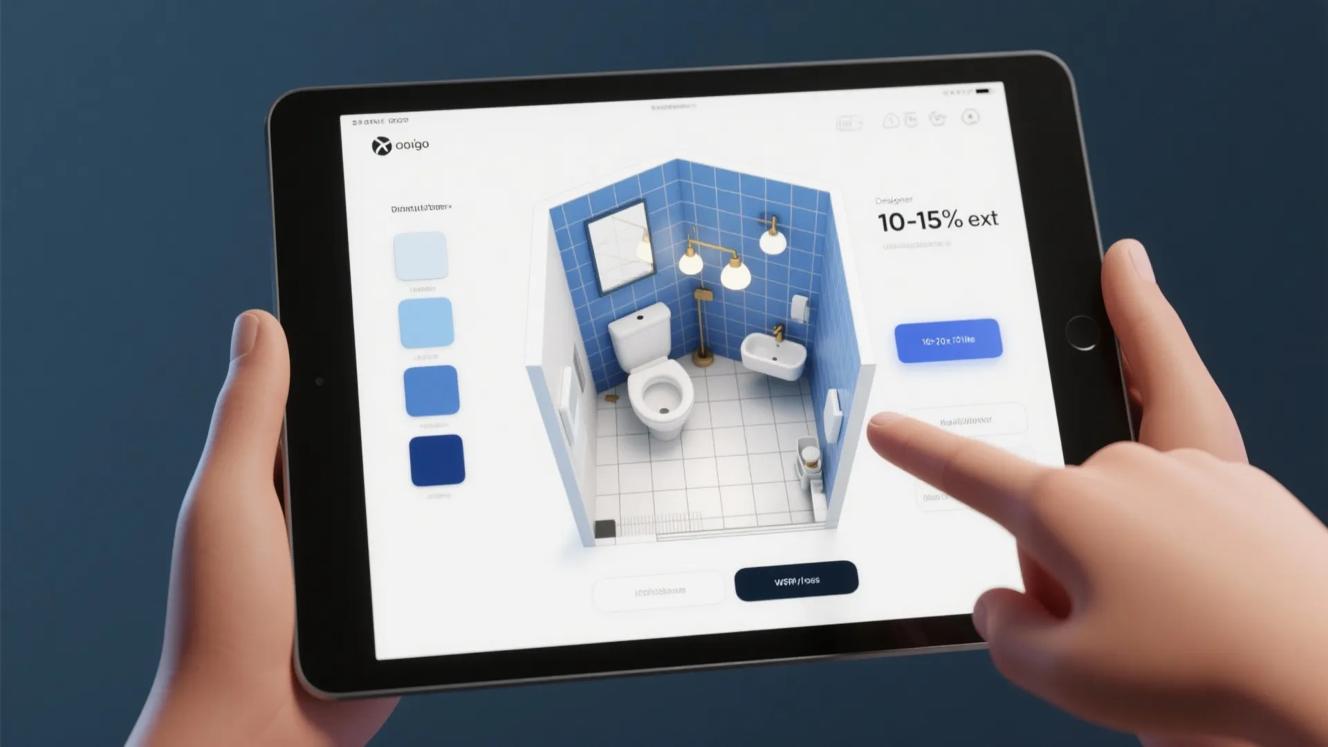 Top-down view of a small bathroom floor plan on a tablet with blue tile swatches and lighting notes