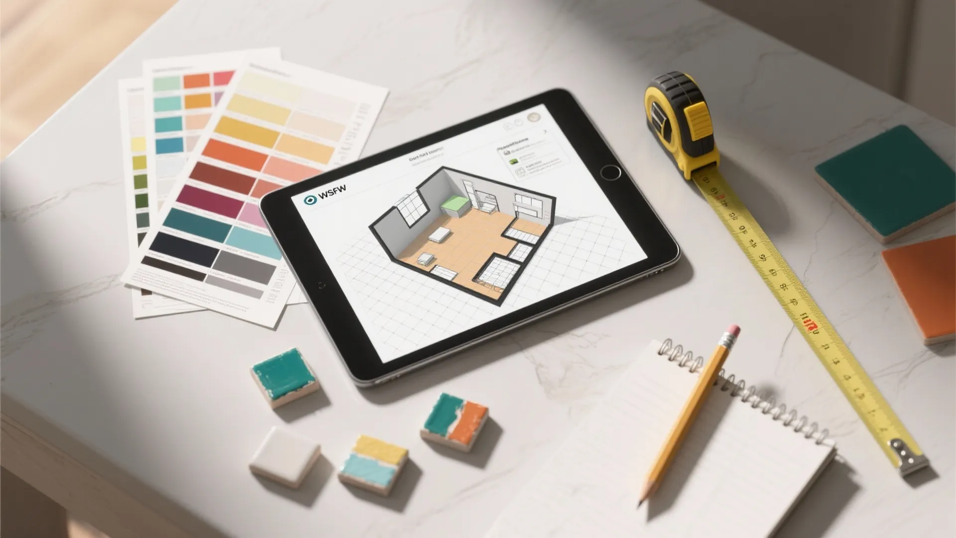 Tablet showing interior design room layout with color samples measuring tape notebook pencil and tiles
