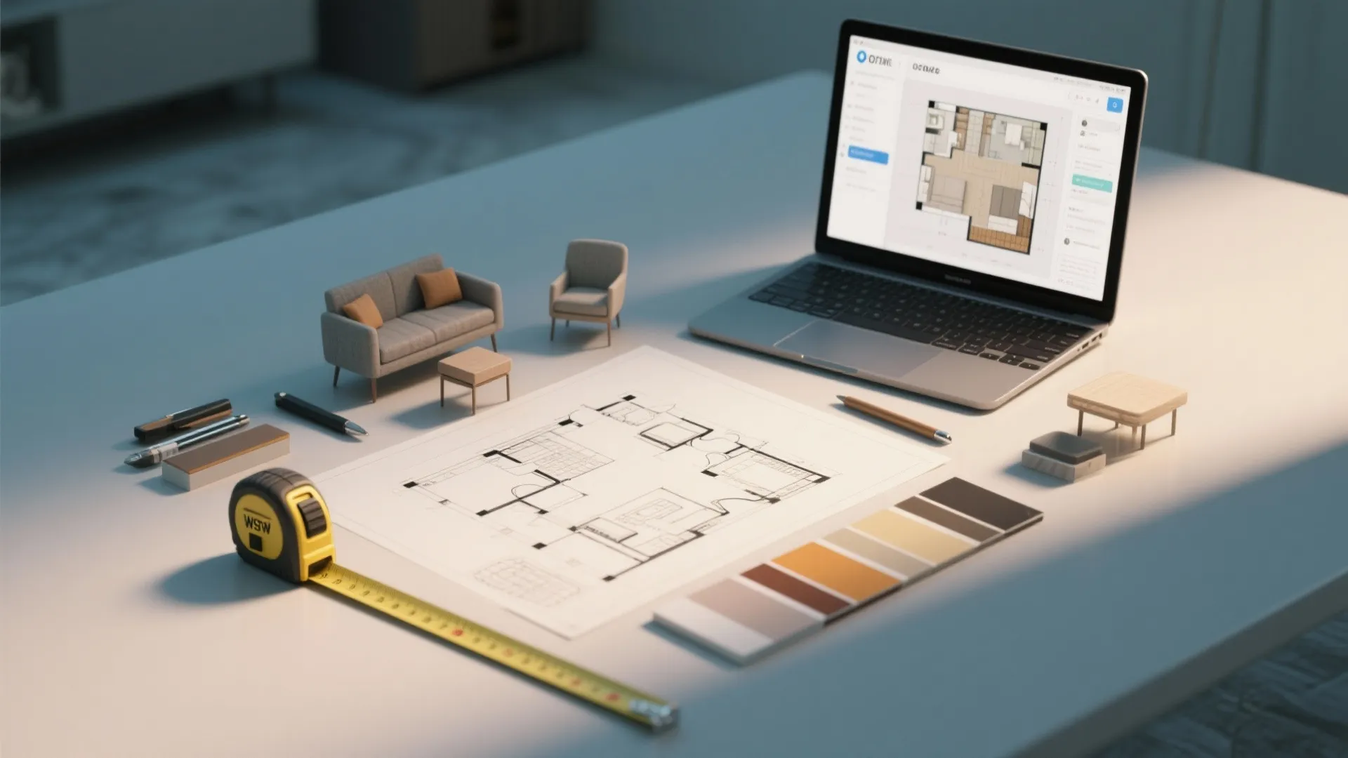 Flatlay of planning tools: tape measure, floorplan sketch, paint swatches and laptop with planner.