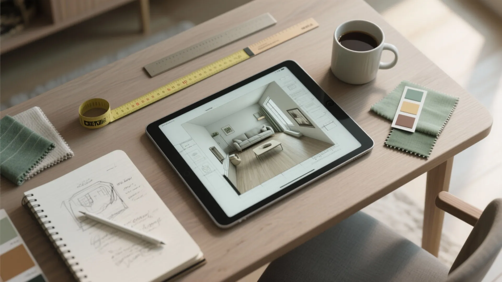 Top-down view of layout planning tools: tablet with 3D plan, sketchbook, measuring tape and fabric swatches for narrow living room design.