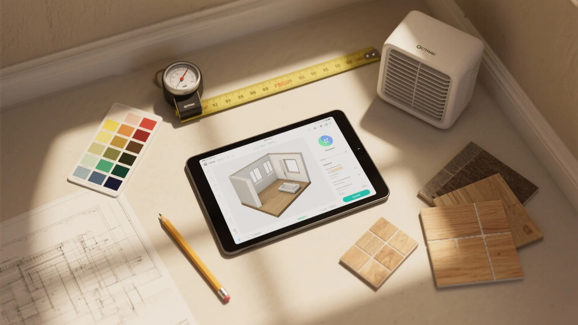 Interior design tools including tablet with floor plan, color palette, wood samples, and measuring tape
