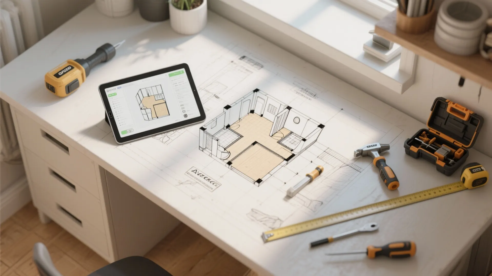 Work desk with tablet showing floor plan design tools alongside paper sketches and construction hand tools
