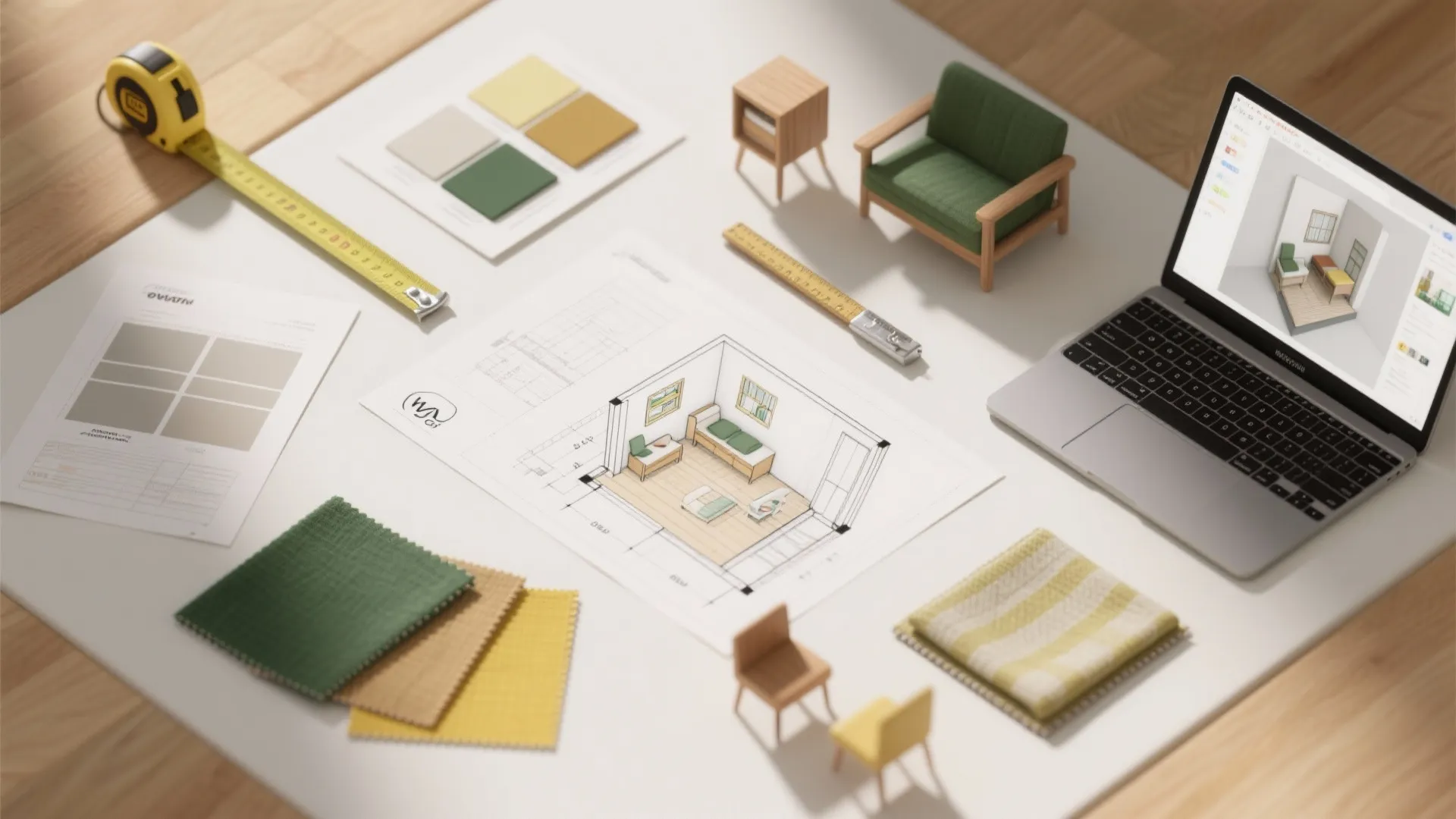 Top-down flatlay of planning tools, fabric swatches, and a 3D mockup for designing a shared small room.