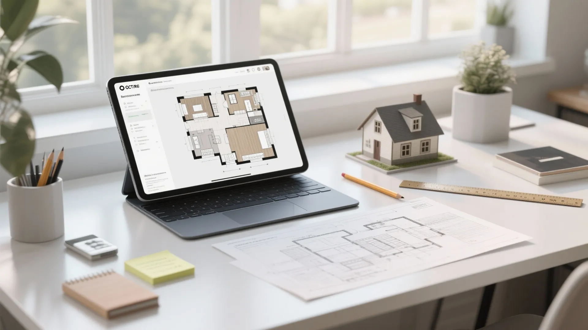 Tablet showing room layout design next to small house model and paper interior design drawing