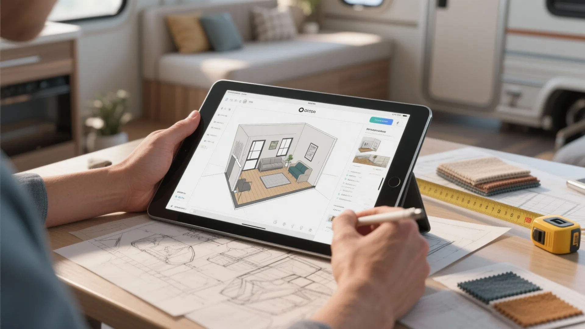 Person using a tablet and stylus to design a room layout with furniture on screen