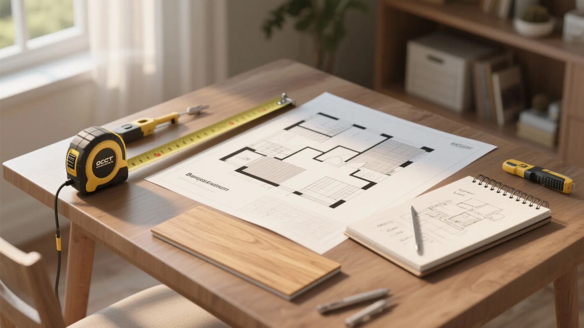 Wooden table with a printed floor plan paper measuring tape notebook and interior design tools