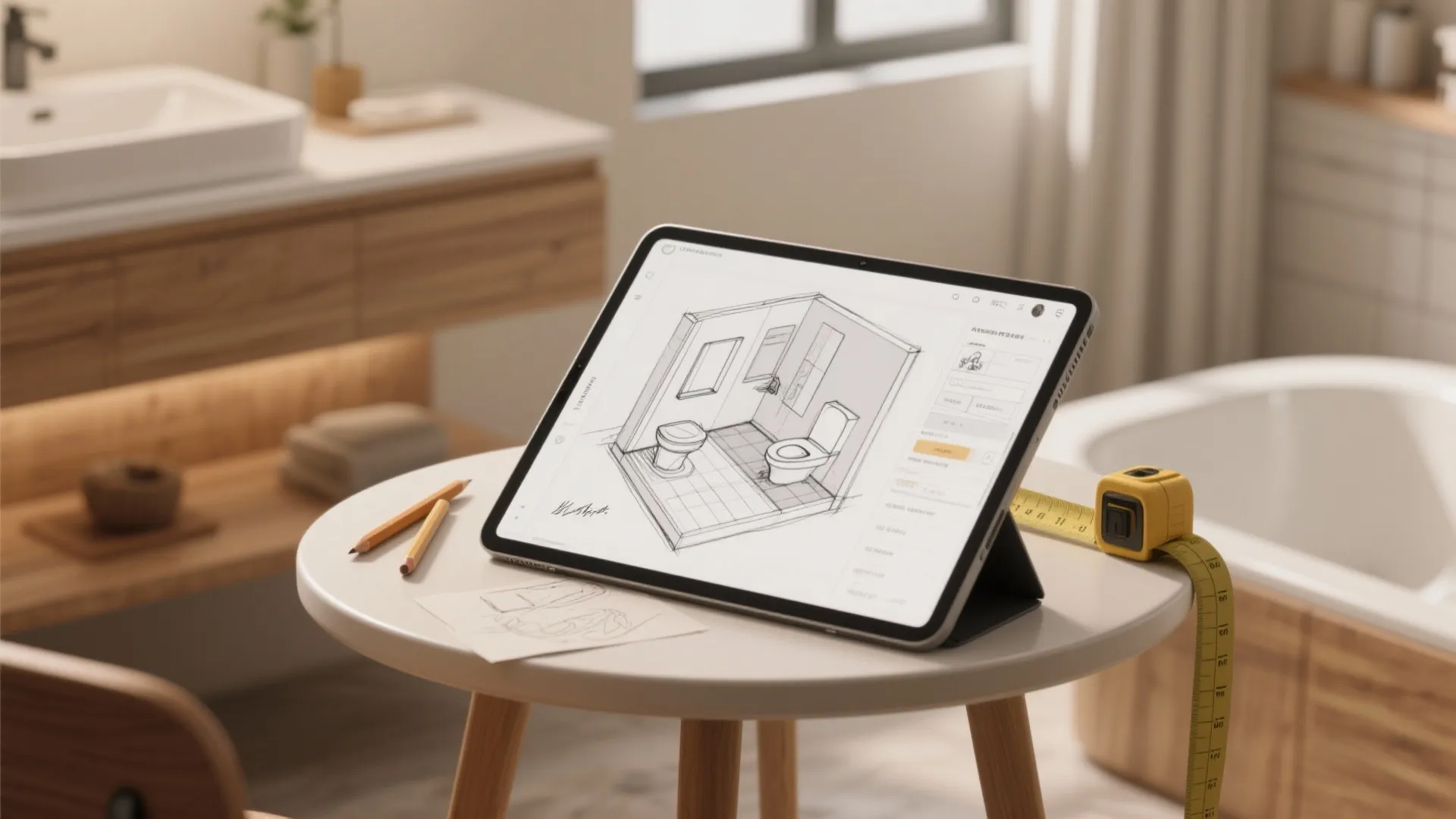 Tablet showing bathroom interior design drawing on a table with yellow tape measure and pencils