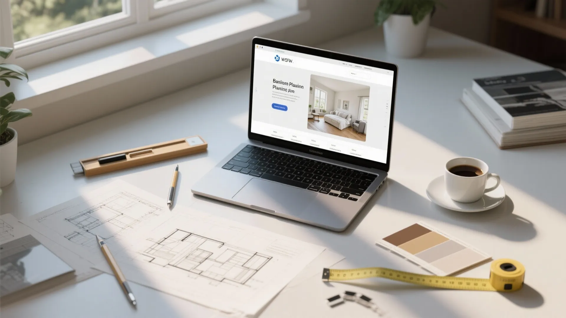 Room planner on a laptop with sketches and material swatches for bungalow design