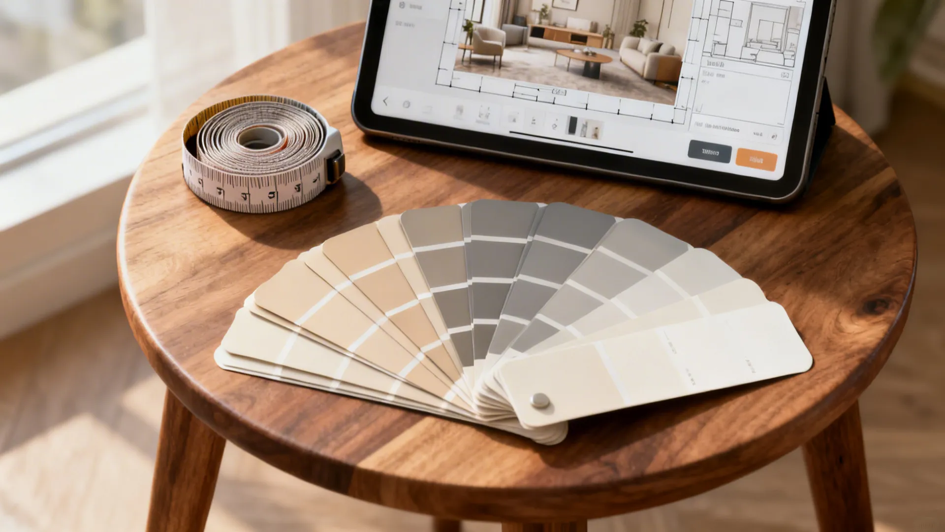 Measuring tape, finish swatches, and a tablet with a room planner on a side table.