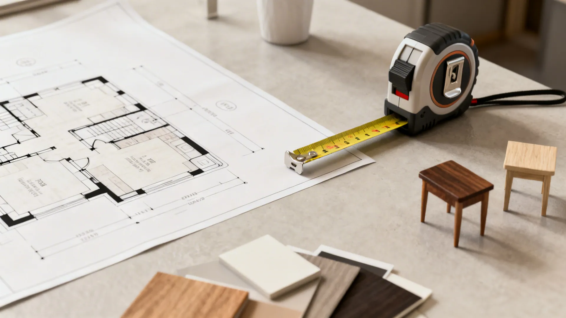 Tape measure, floor plan, and finish swatches arranged for planning a small dining layout