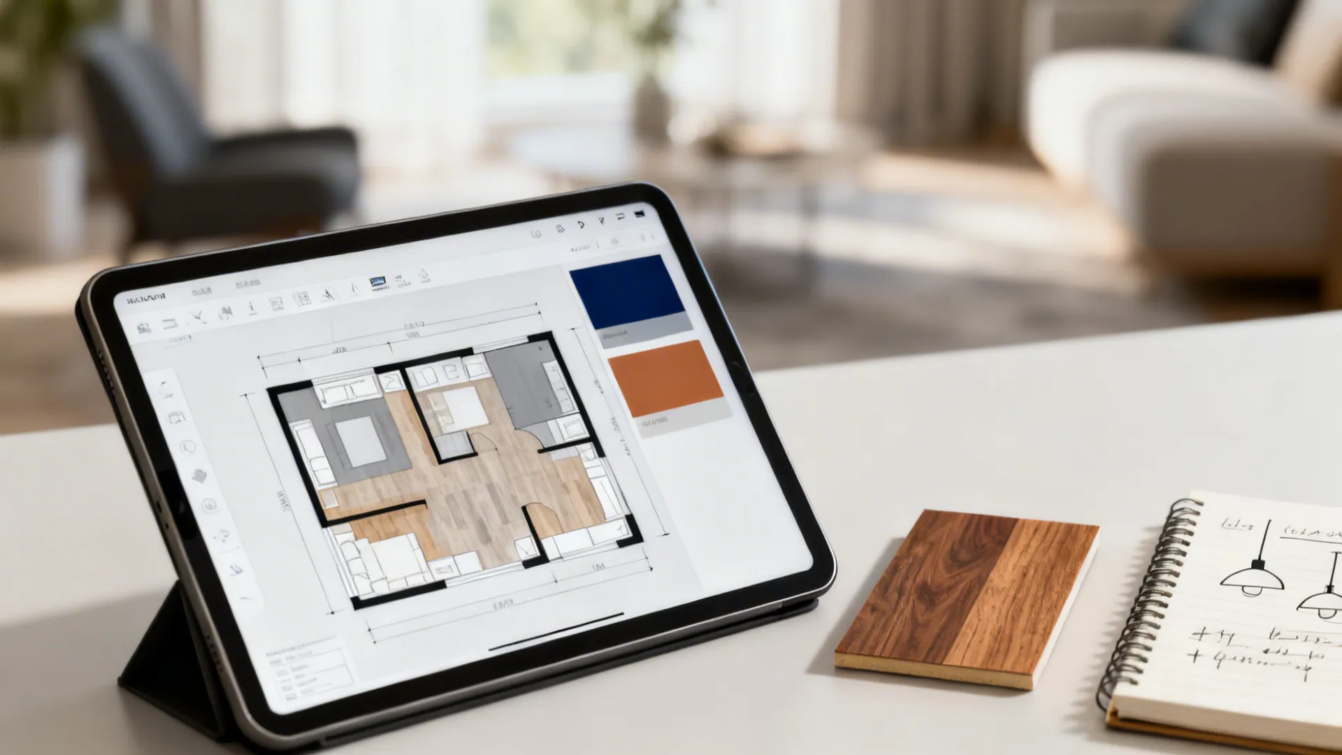 Tablet with room planner, navy and grey swatches, and wood flooring sample for design planning.