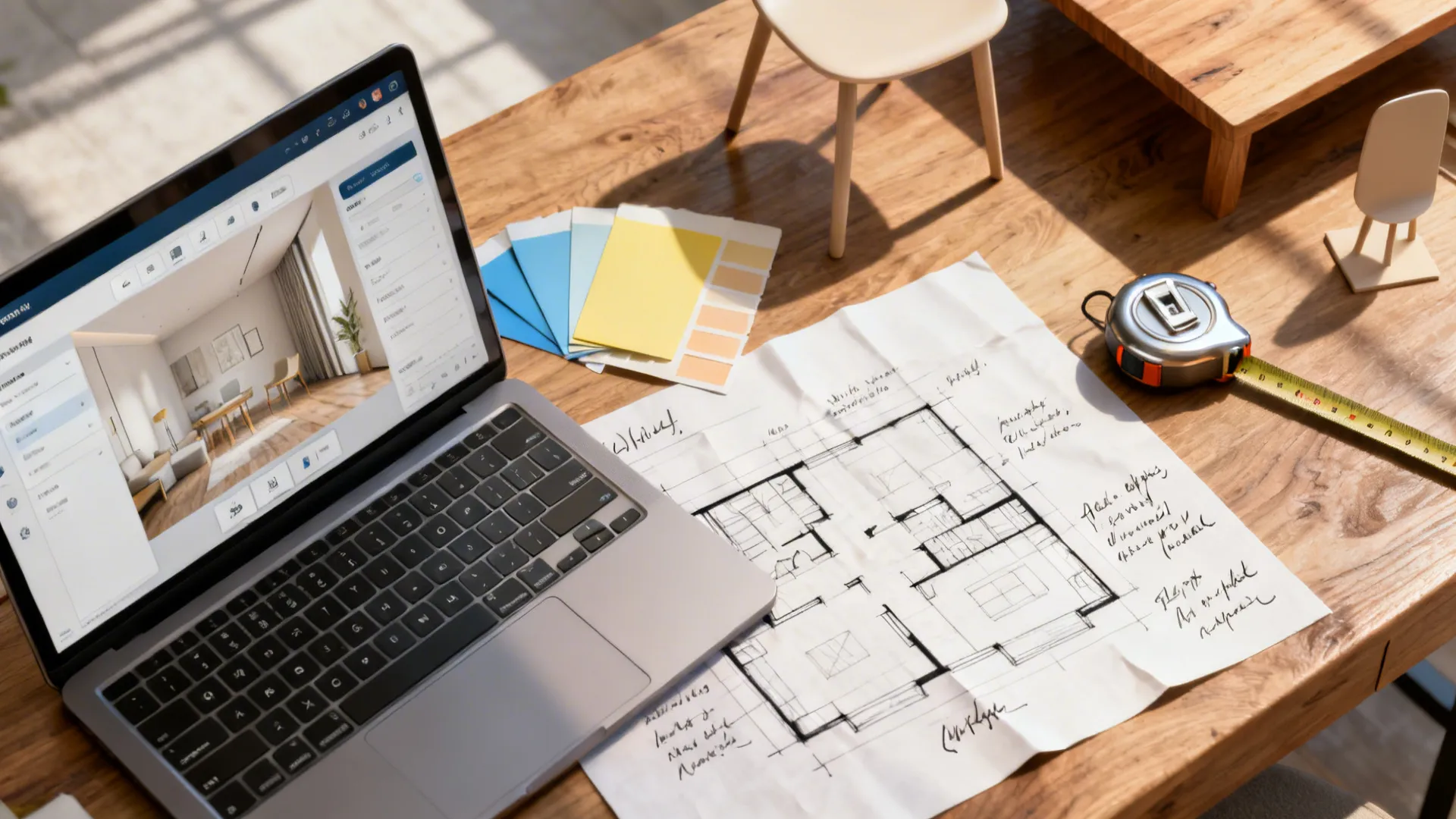 Desk flatlay with laptop showing a room planner, floor plans, and material swatches